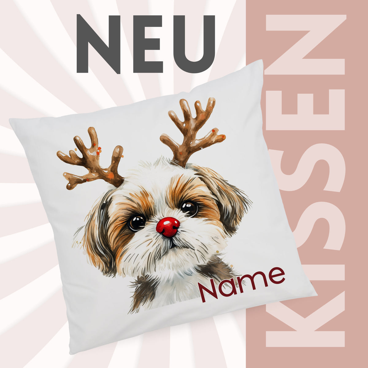 Kissen mit Hundemotiv, braune und weiße Farben, personalisierbar.