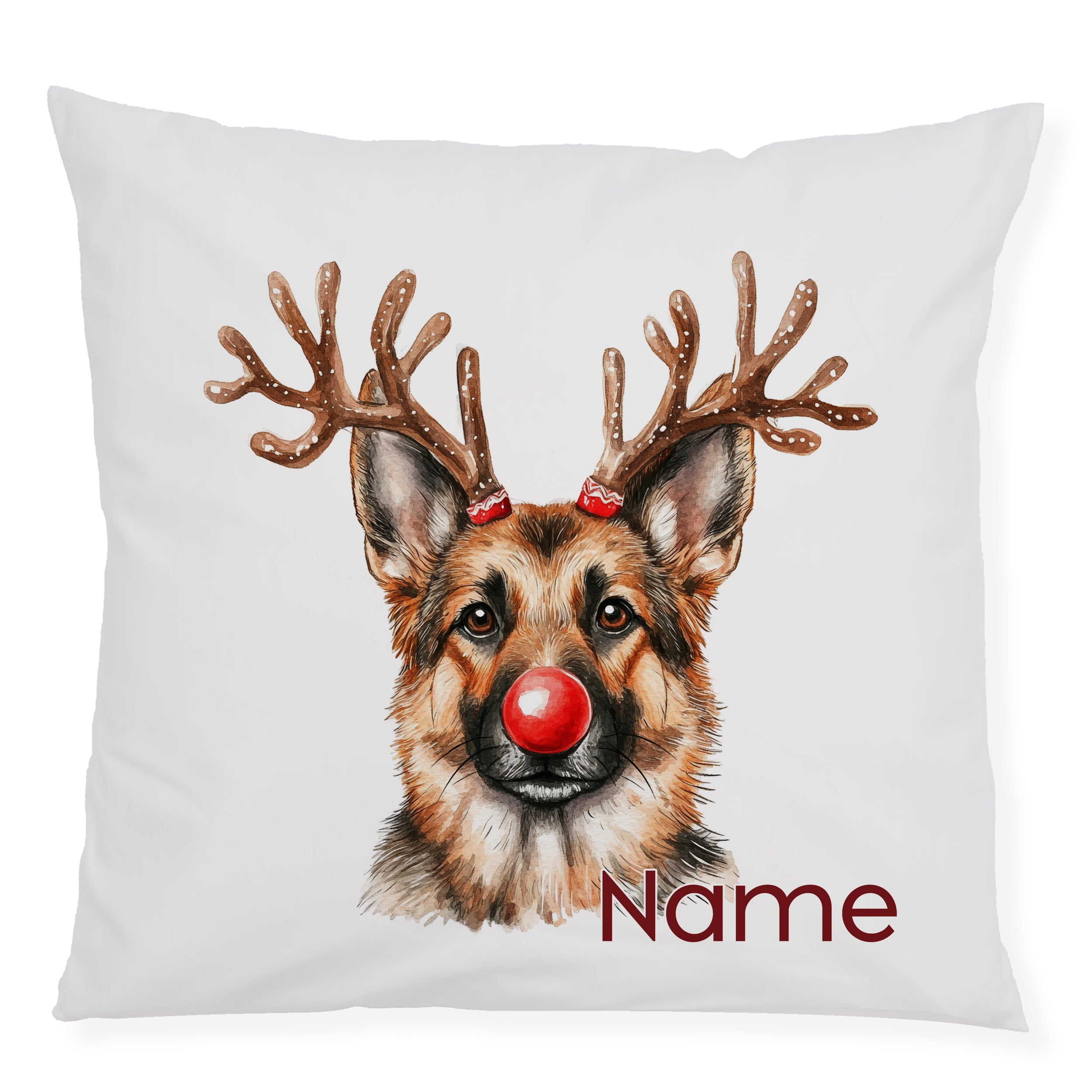 Kissen mit Schäferhund, Weihnachtsmotiv, rote Nase und Geweih.