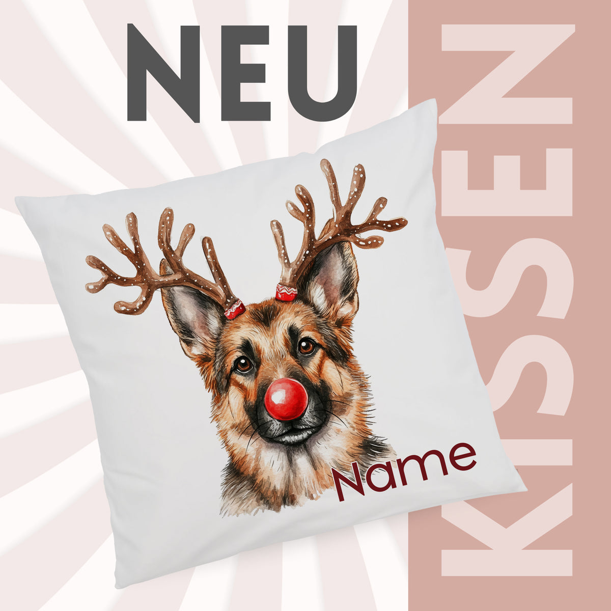 Kissen mit Hund, Weihnachtsmütze und personalisierbarem Namen.