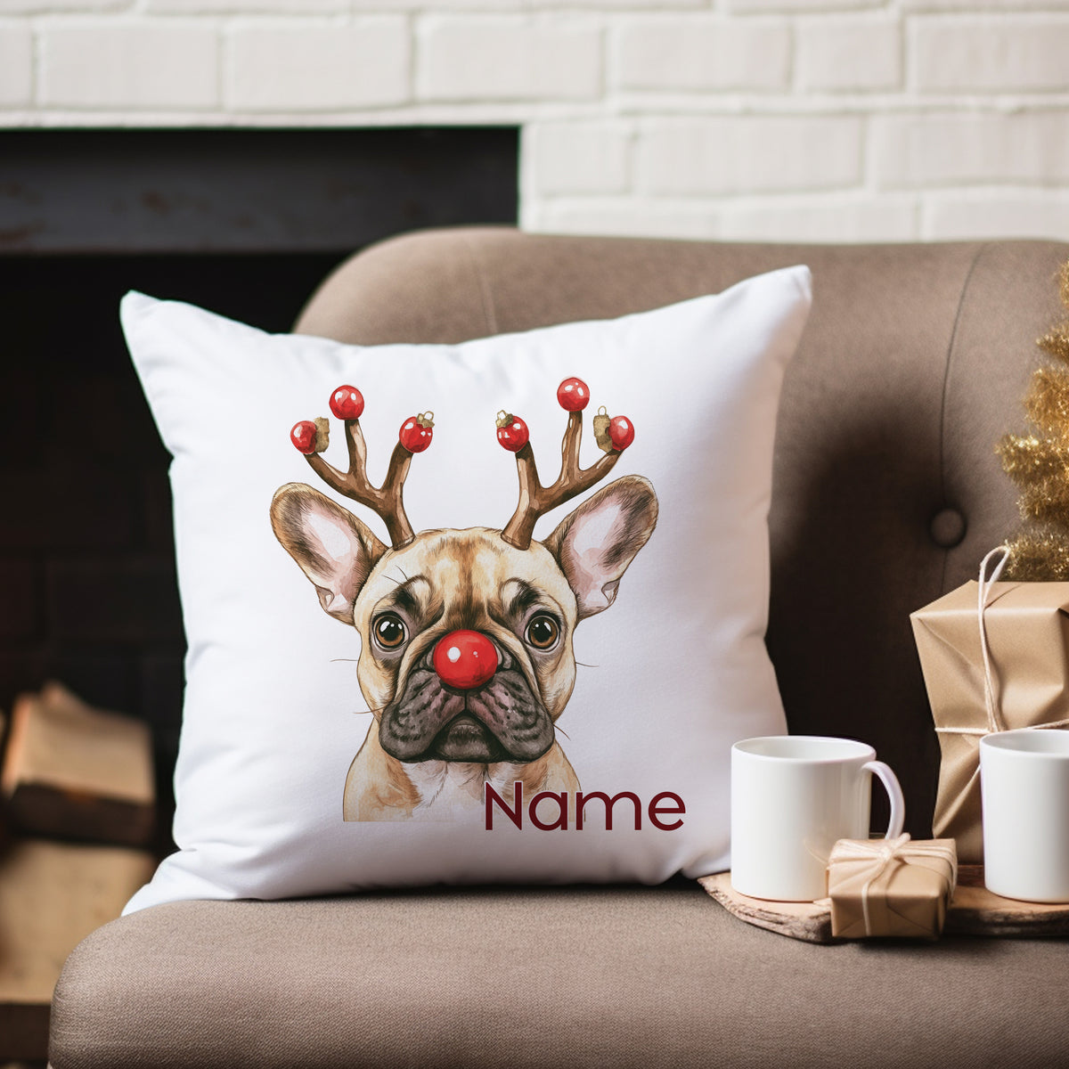 Kissen mit französischer Bulldogge, Weihnachtsmotiv, weiß.