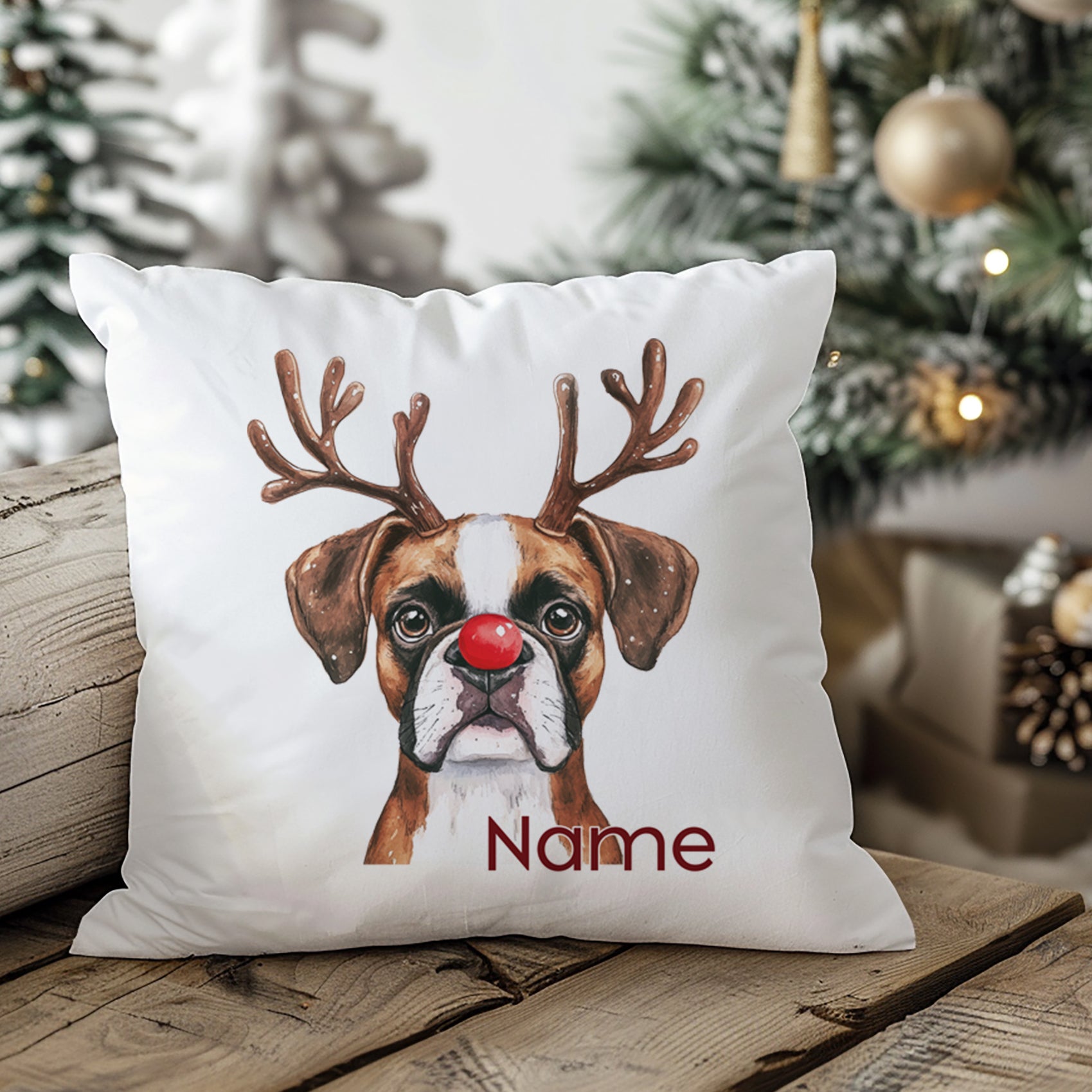 Kissen mit Hundemotiv, braun-weißer Boxer, Weihnachtsdeko.