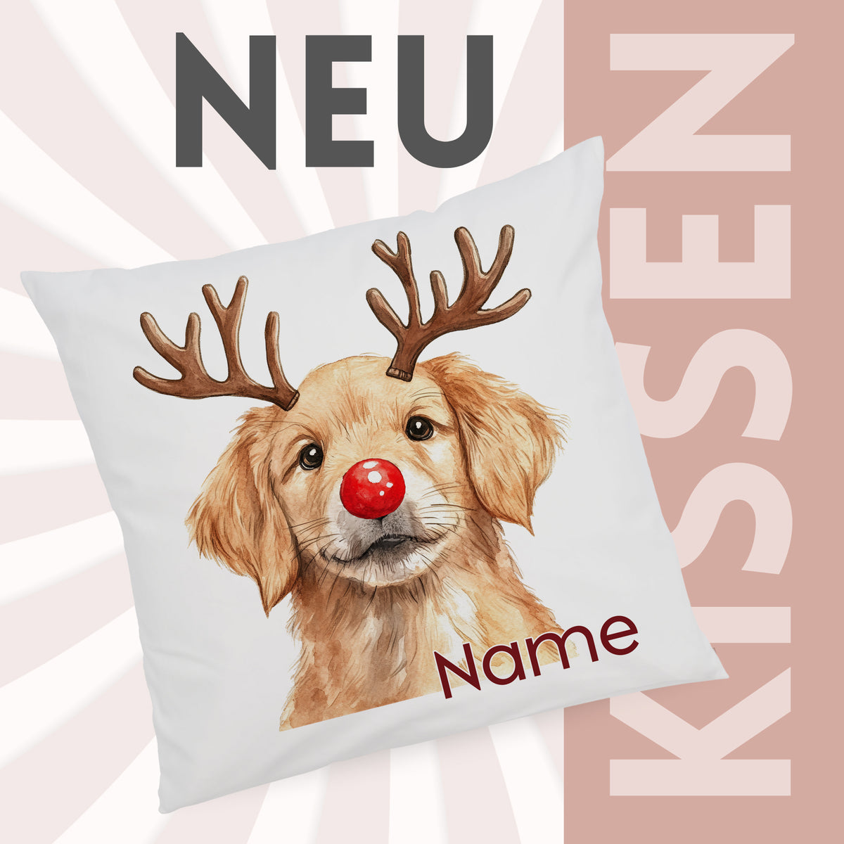 Kissen mit goldenem Retriever, roter Nase und Rentiergeweih.