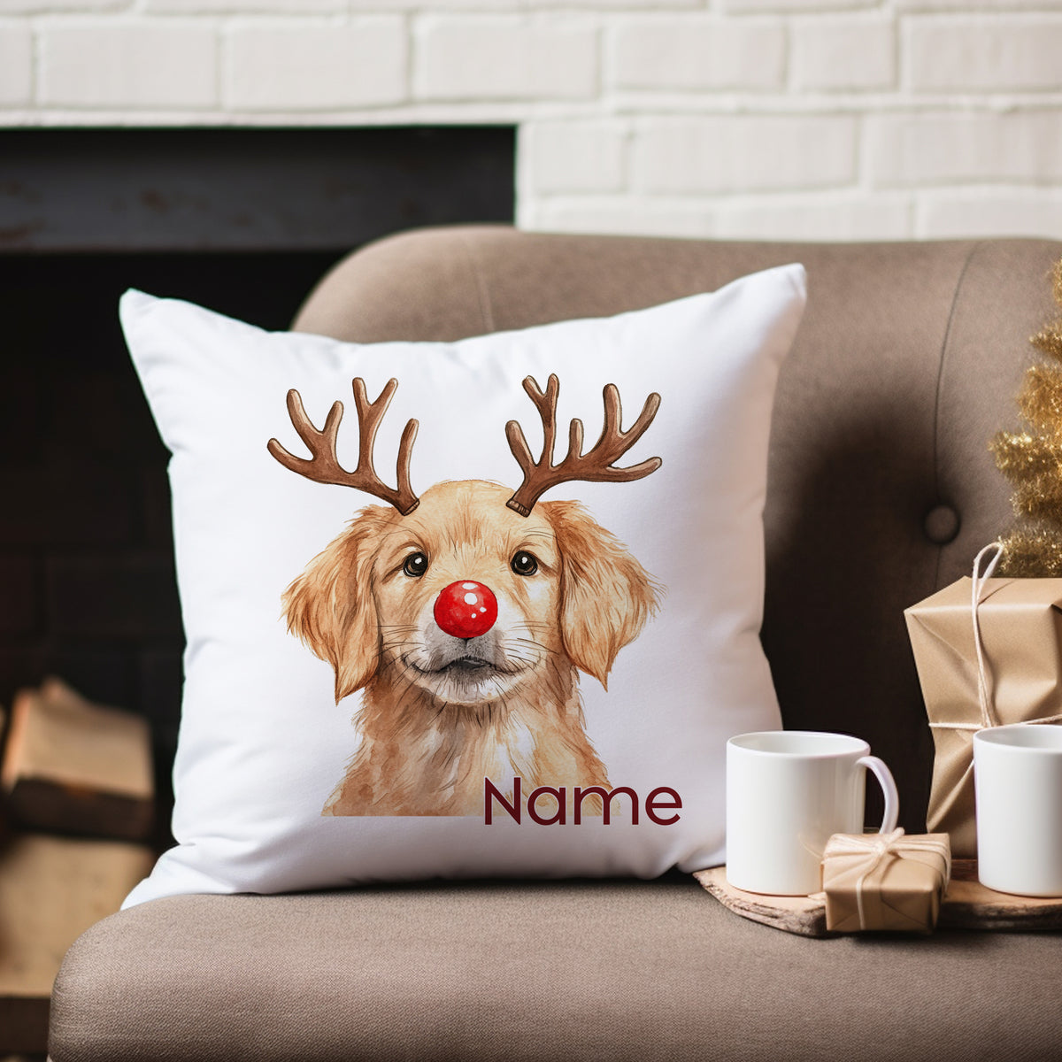 Kissen mit Hund, rote Nase und Geweih, personalisierbar.