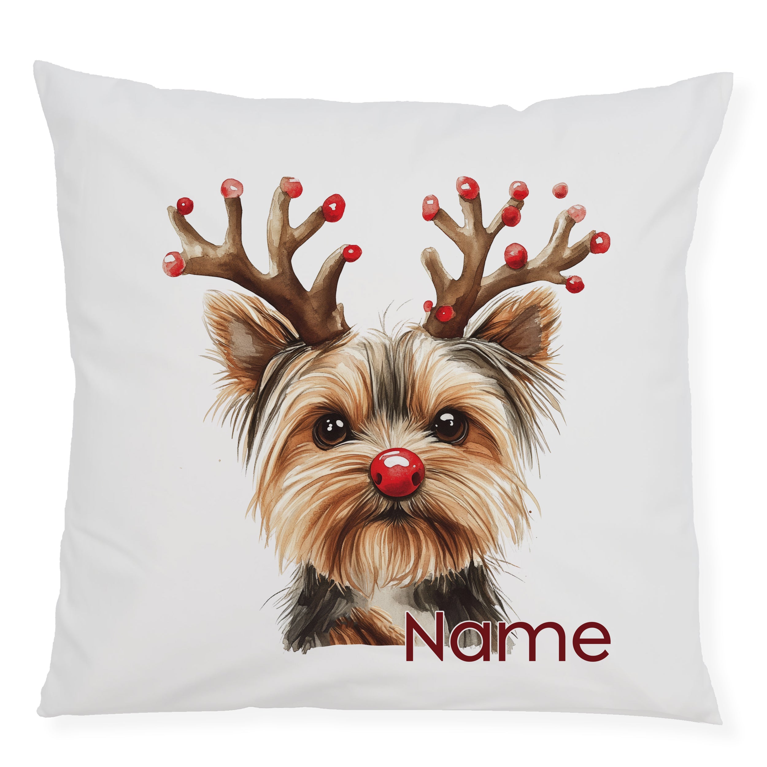 Kissen mit Yorkshire Terrier, Weihnachtsmotiv und personalisierbarem Namen.