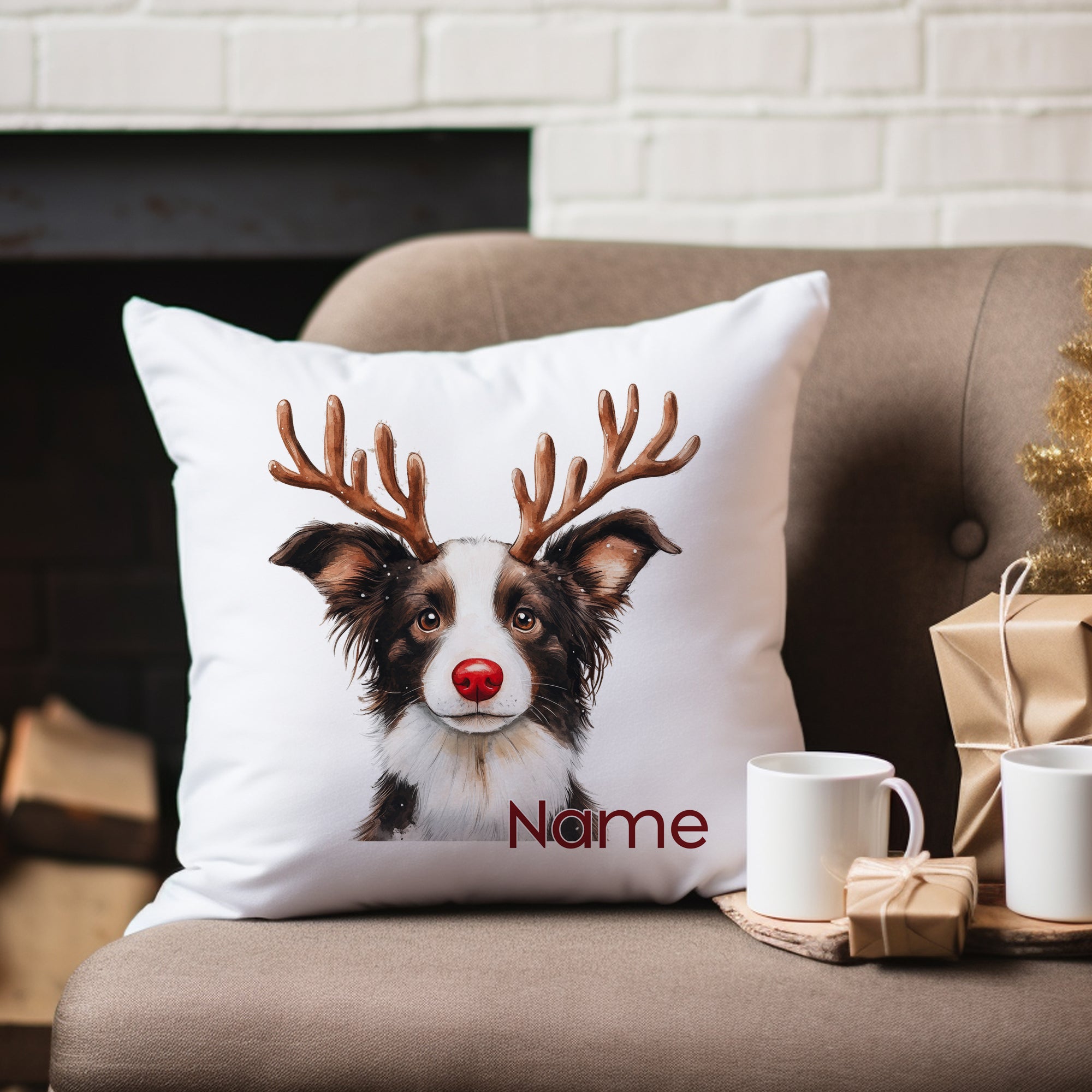 Kissen mit Hund, Weihnachtsmotiv, weiße Farbe, personalisierbar.
