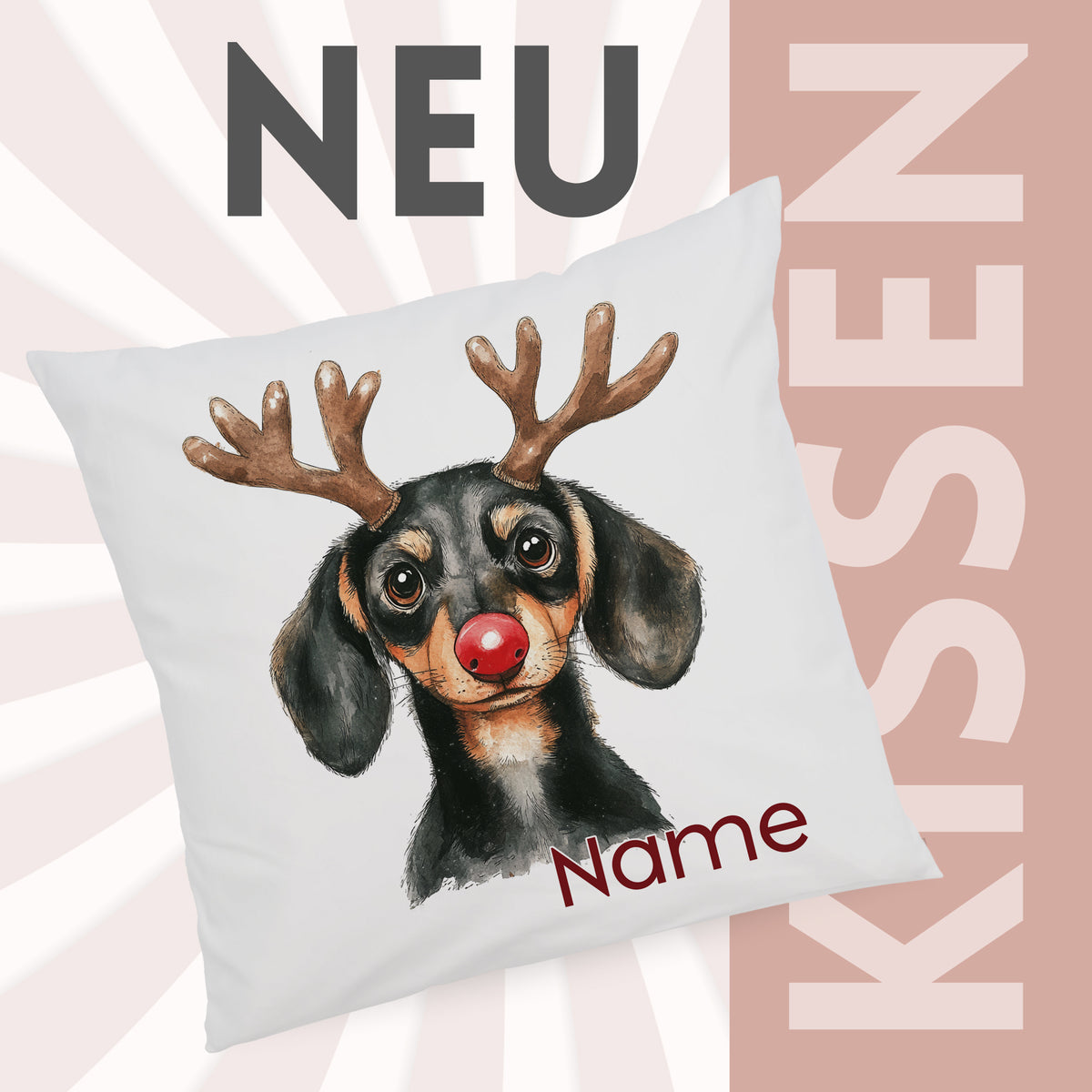 Kissen mit Dackel-Motiv, braune Geweih und roter Nase.