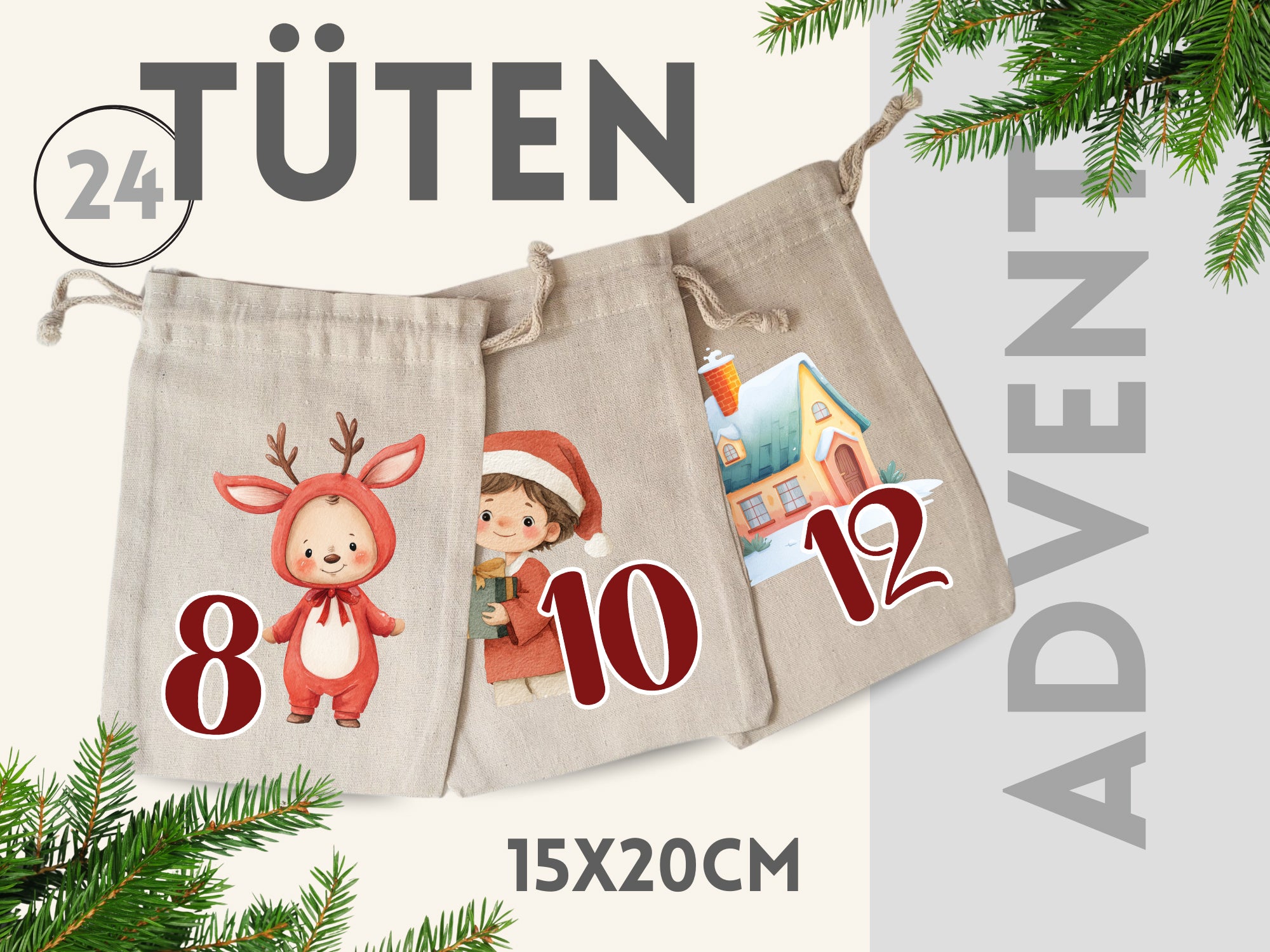 24 Adventstüten in Beige mit bunten Motiven und Zahlen.