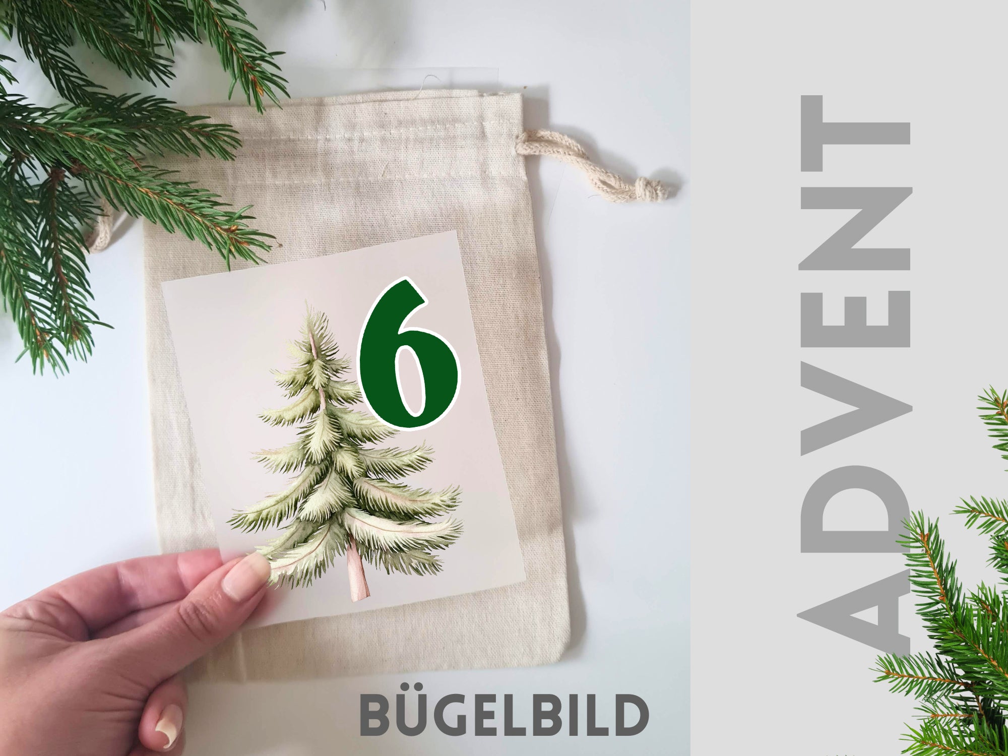 Advent Bügelbild mit Tannenbaum und der Zahl 6