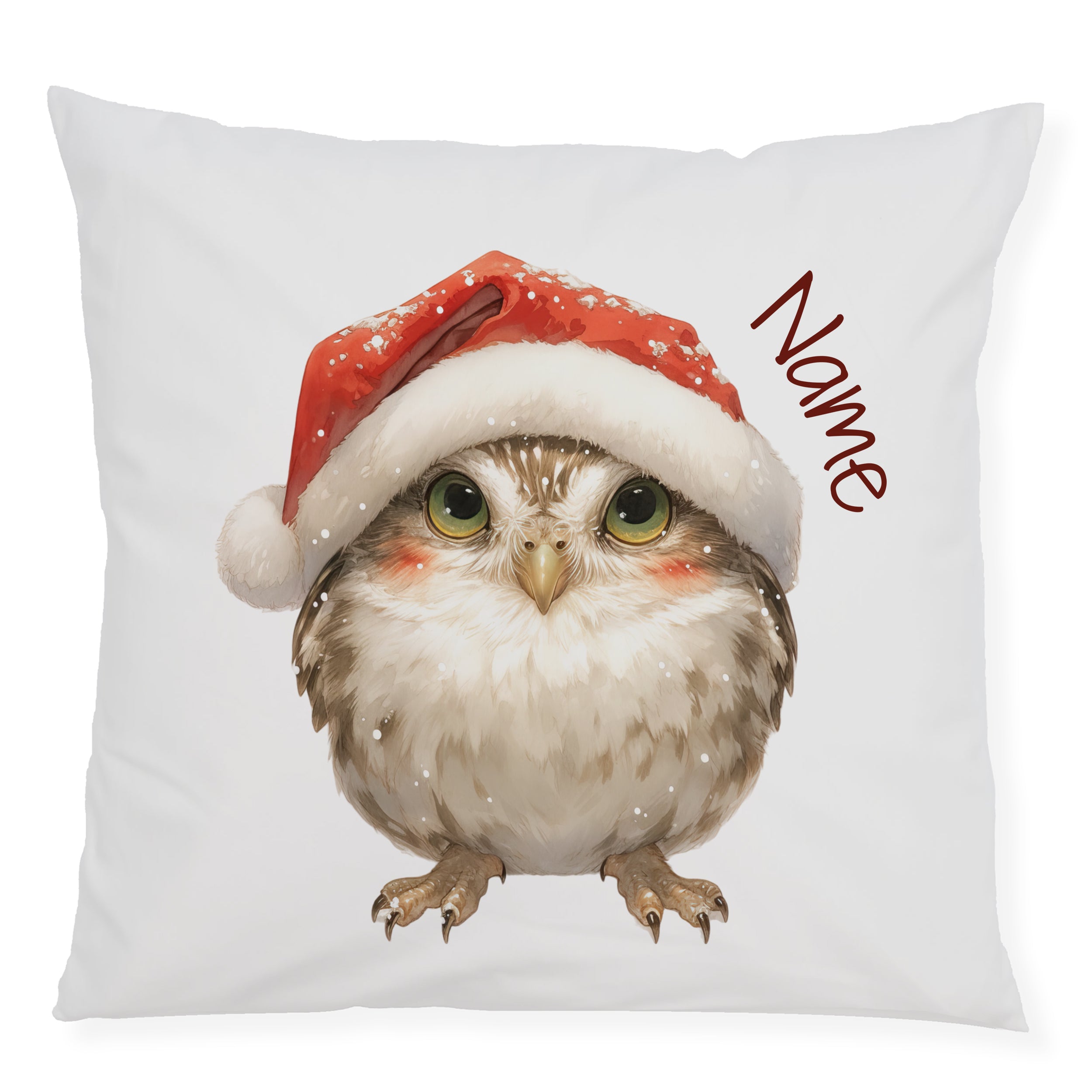 Kissen mit einer Eule und rotem Weihnachtsmann-Hut.