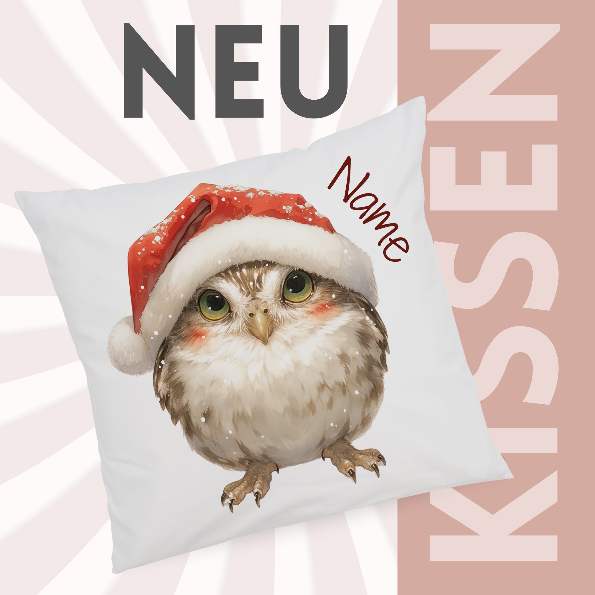 Kissen mit Eule, rotem Weihnachtsmütze und personalisierbarem Namen.