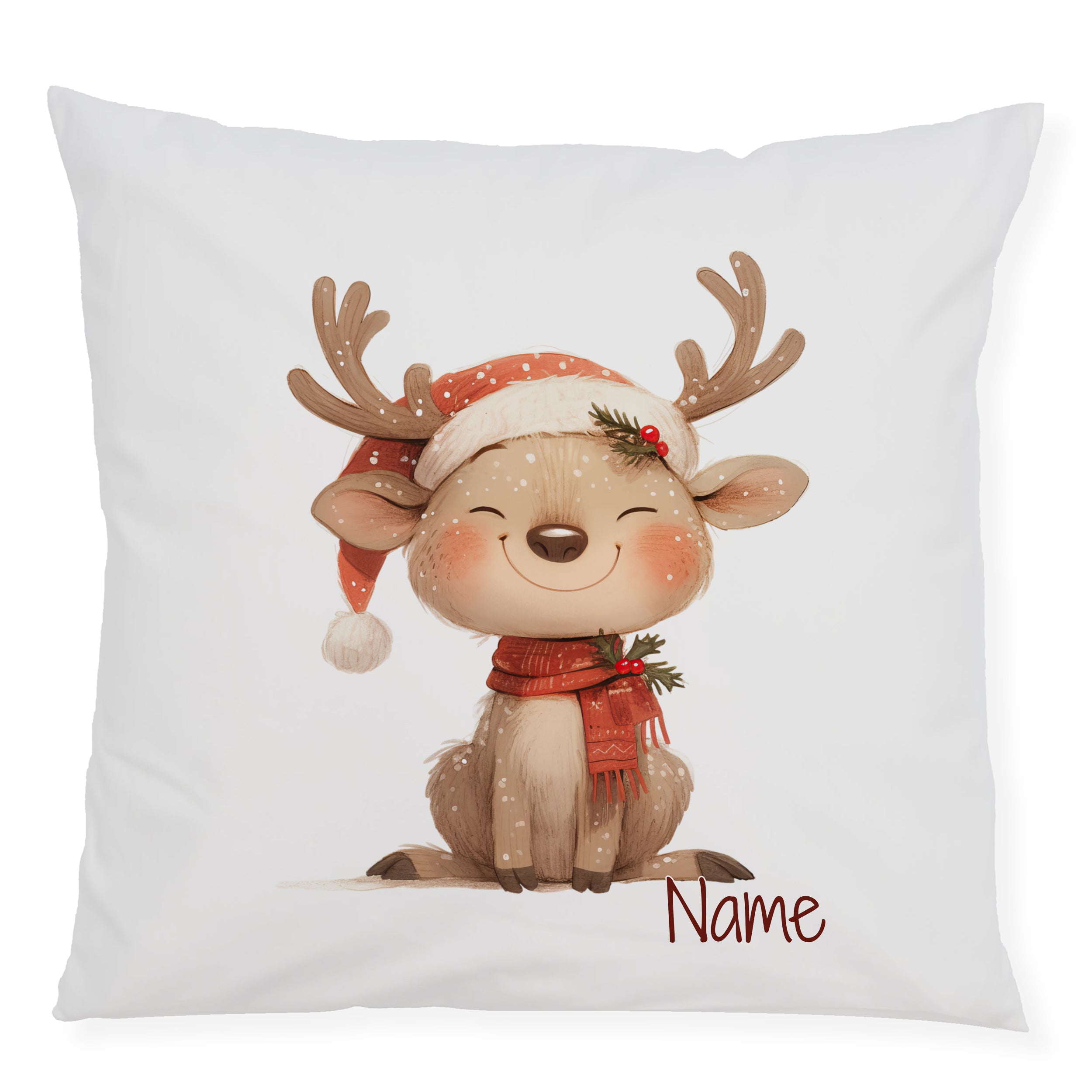 Kissen mit niedlichem Rentier, rot-weißer Weihnachtsmütze, personalisierbar.