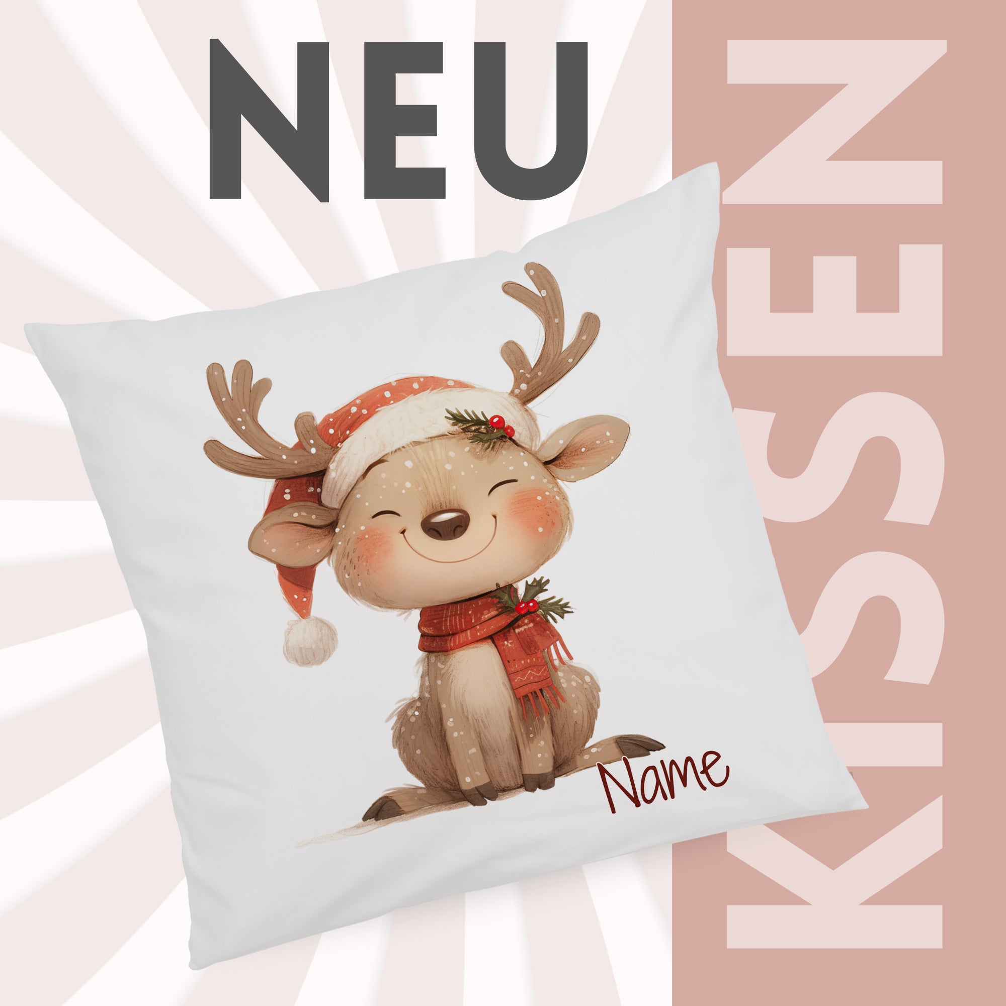 Kissen mit niedlichem Rentier-Motiv, rot-weißer Weihnachtsmütze.
