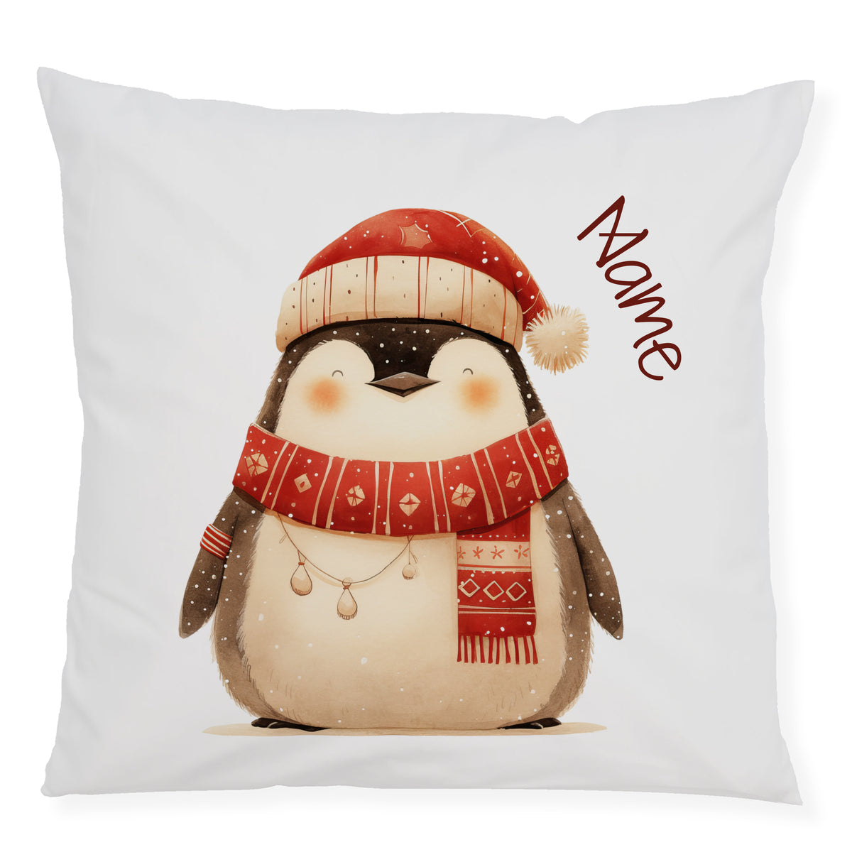 Kissen mit niedlichem Pinguin, rotem Hut und Schal.