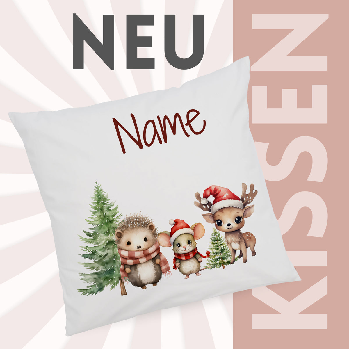 Kissen mit niedlichen Tieren und Weihnachtsmotiven, personalisierbar.