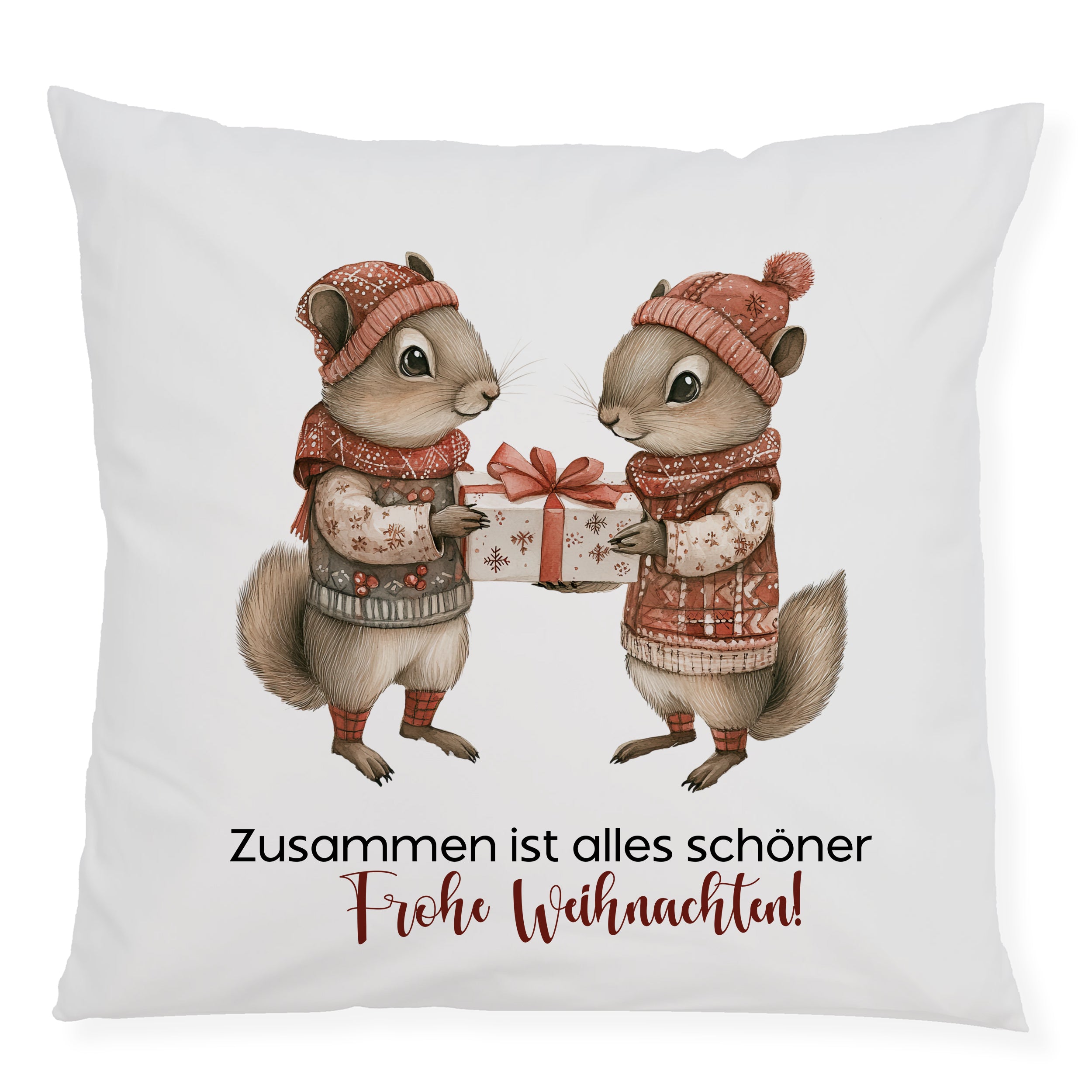 Kissen mit zwei Eichhörnchen, Weihnachtsmotiv, rot und beige.