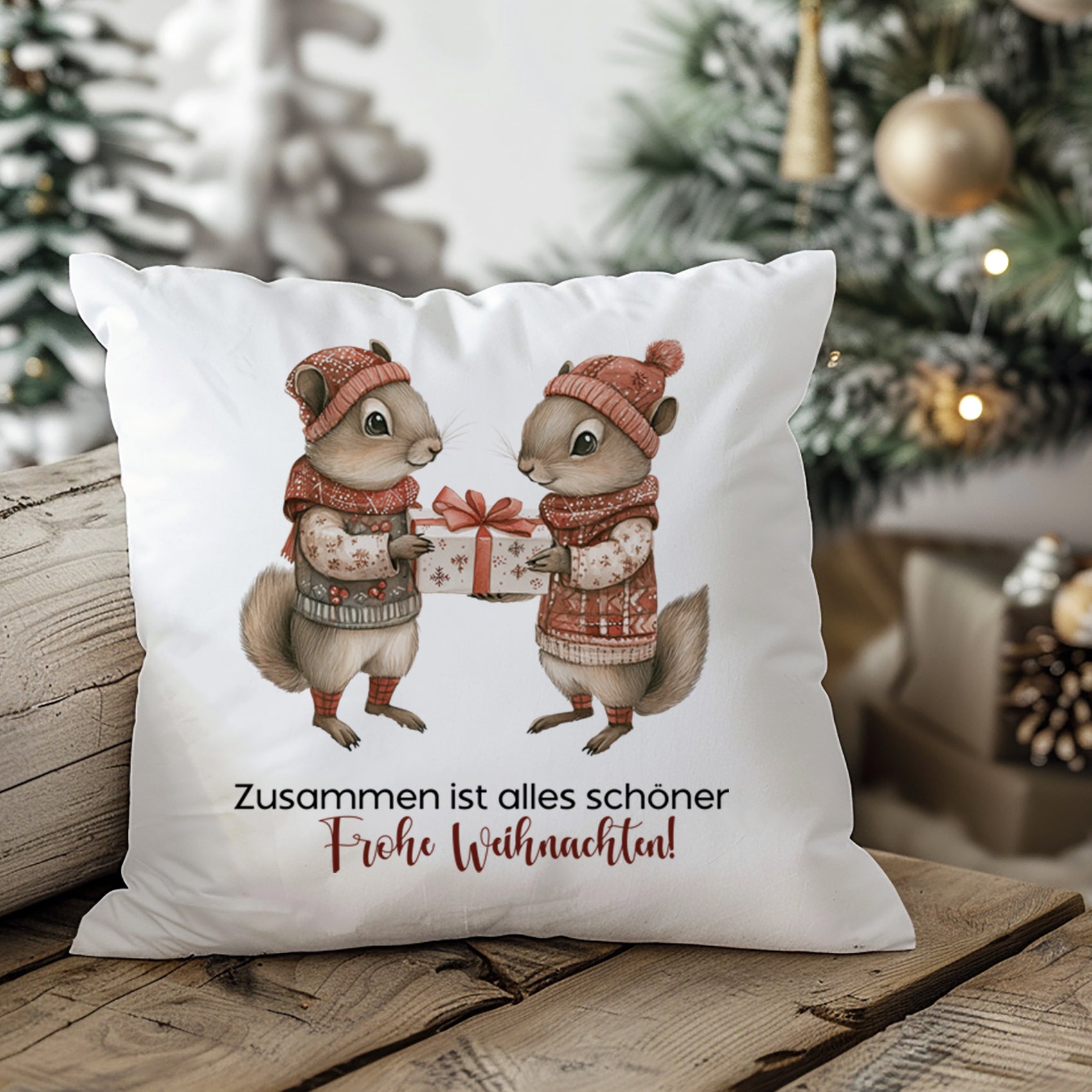 Kissen mit zwei Eichhörnchen, Weihnachtsmotiv, rot und beige.