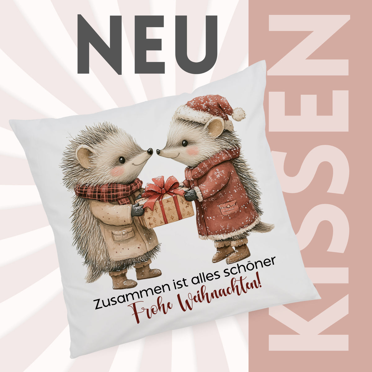 Kissen mit zwei Igeln, Weihnachtsgeschenk, festliche Farben.