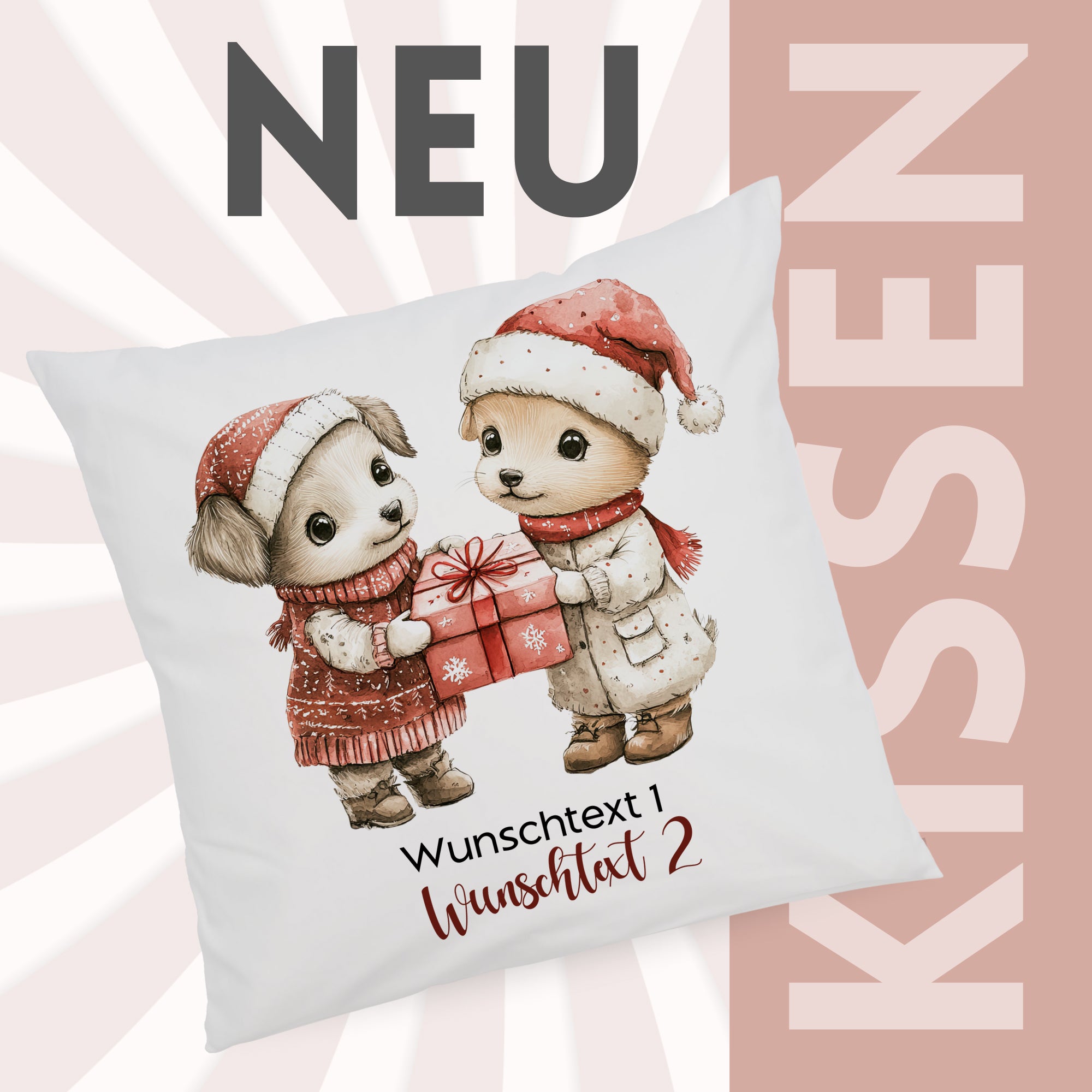 Kissen mit niedlichen Tieren, Weihnachtsmütze und Geschenk.