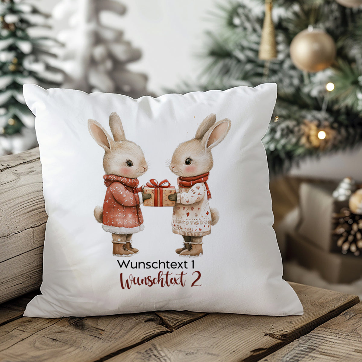 Kissen mit zwei niedlichen Hasen und Geschenk, pastellfarben.