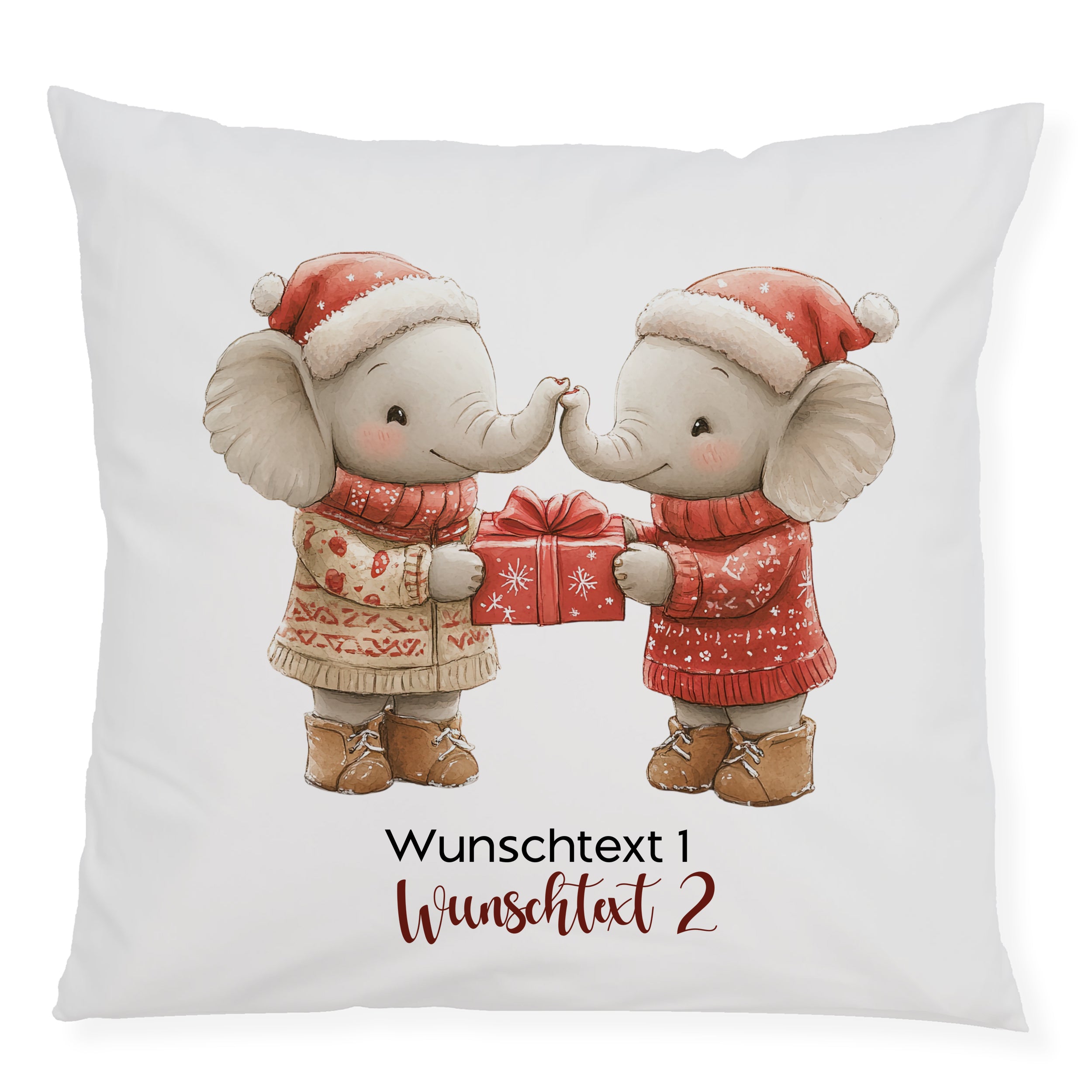 Zwei niedliche Elefanten mit Geschenken, rot-weiße Weihnachtskleidung.