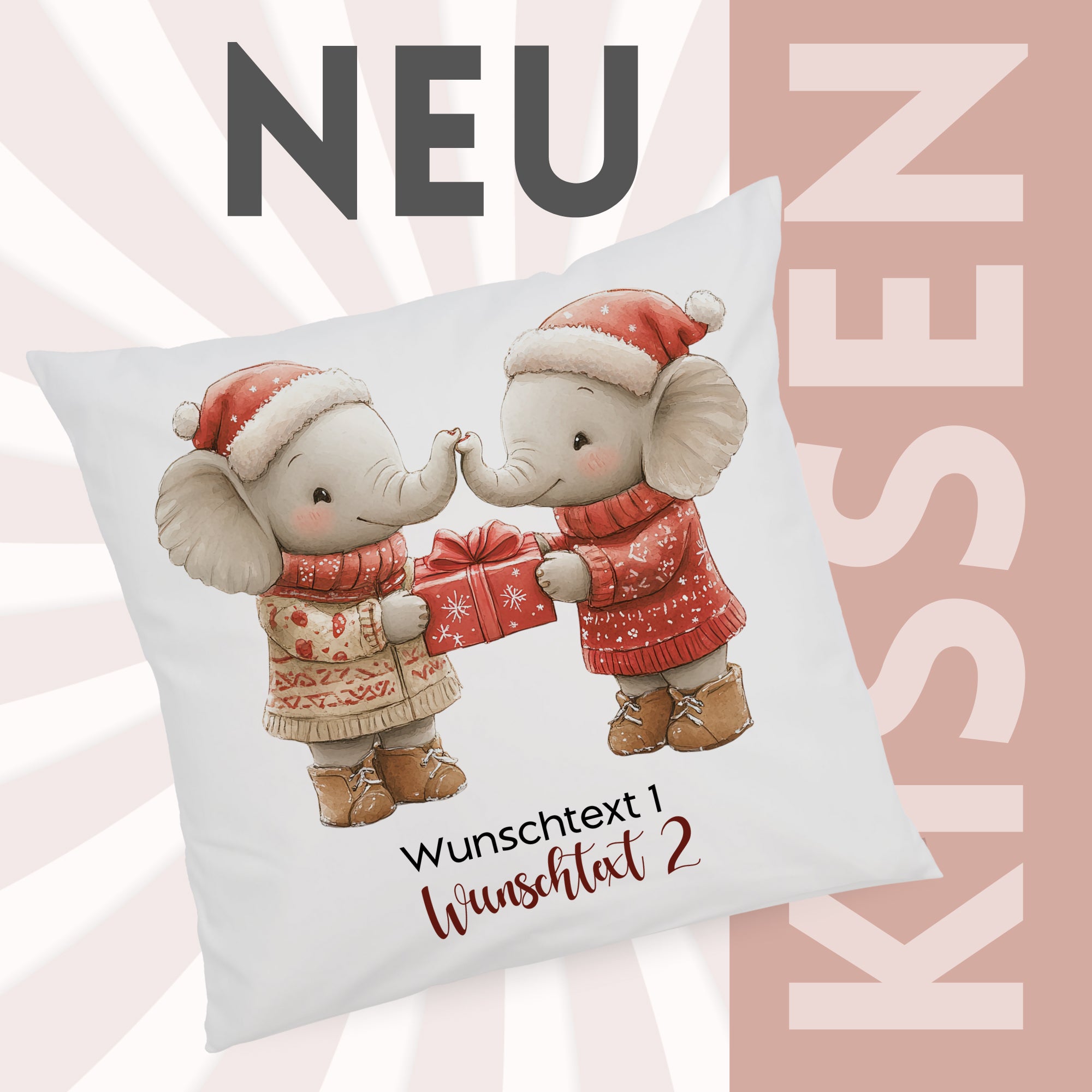 Kissen mit zwei Elefanten, rot-weiße Weihnachtsmotive.