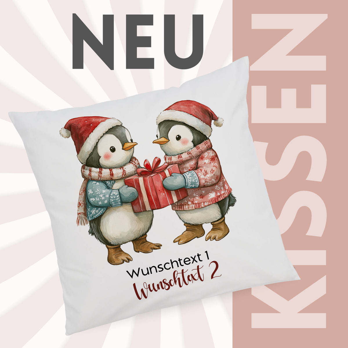 Kissen mit zwei Pinguinen, Weihnachtsmütze, Geschenk.
