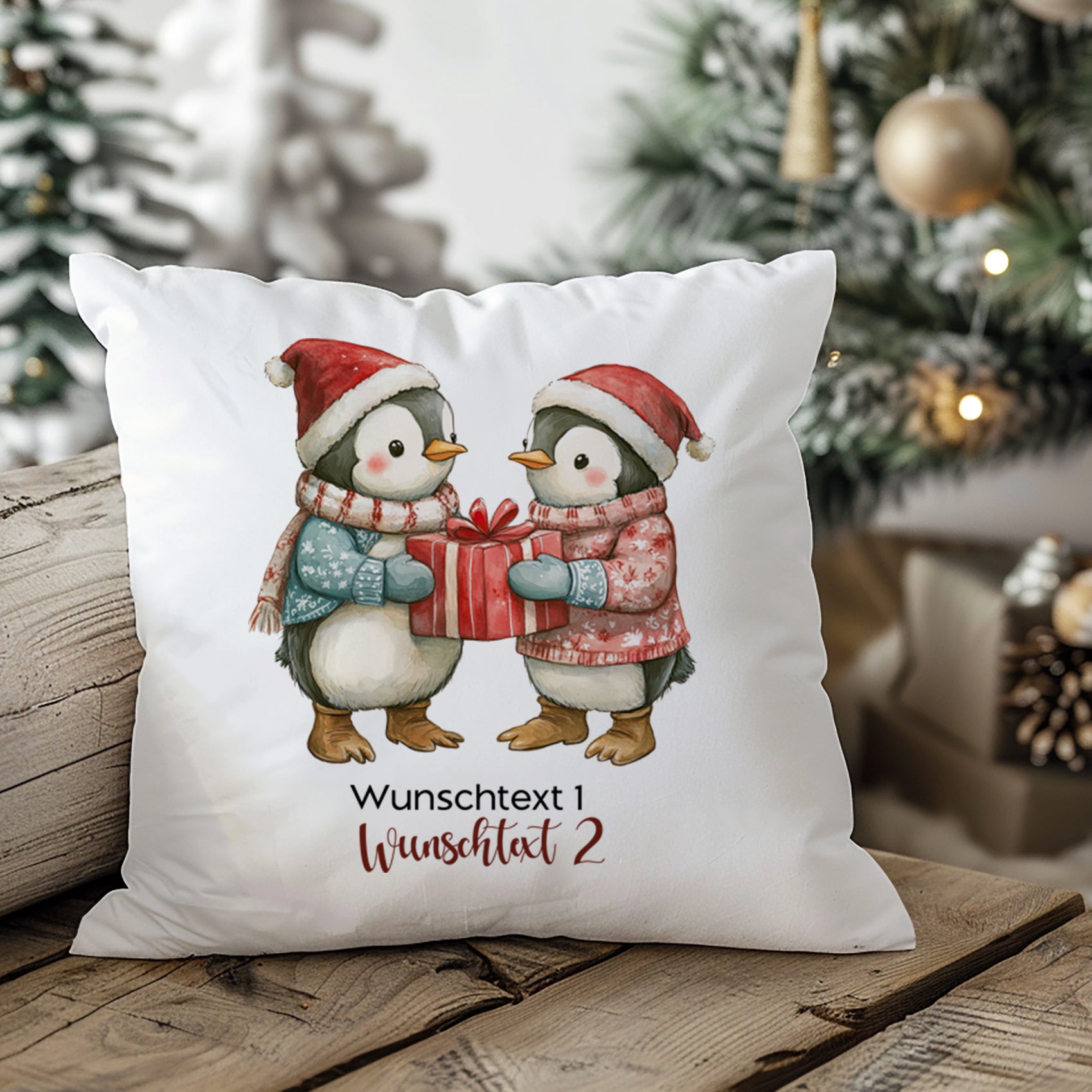 Kissen mit zwei Pinguinen, Weihnachtsmütze, Geschenk, personalisierbar.