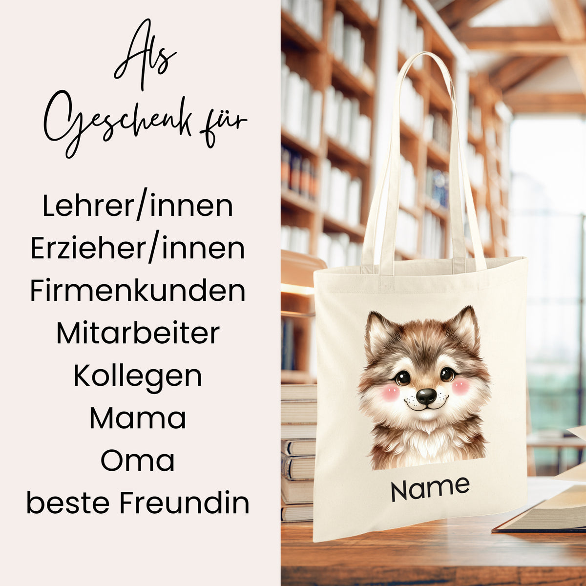 Beige Tasche mit niedlichem Wolfsmotiv und Platz für Namen.