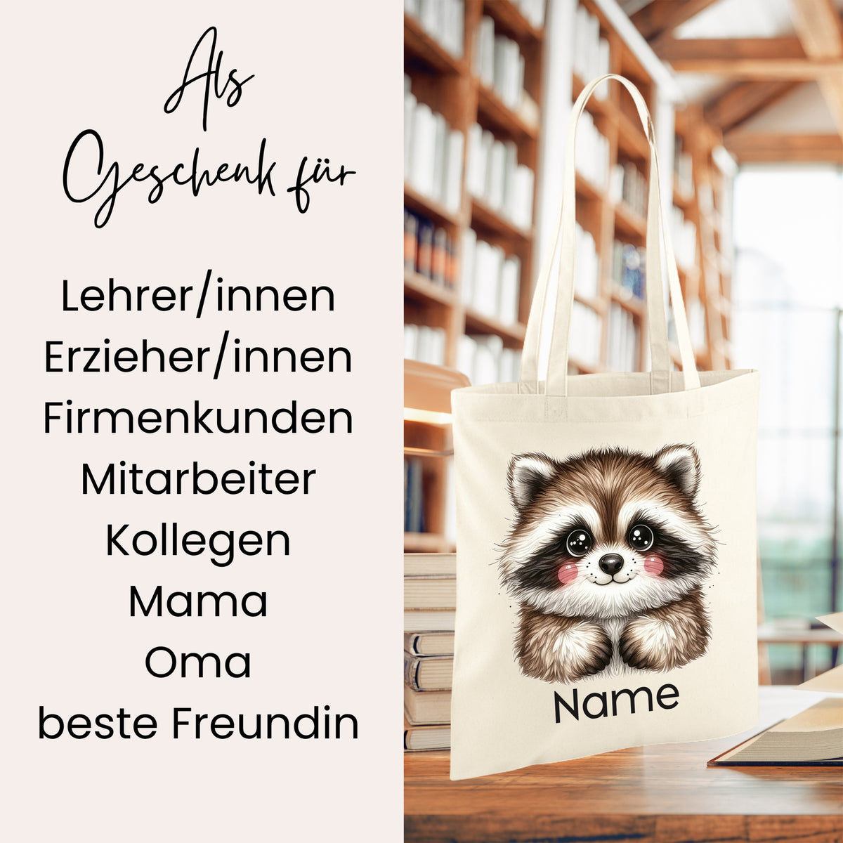 Beige Tasche mit niedlichem Waschbären-Motiv und Platz für Namen.
