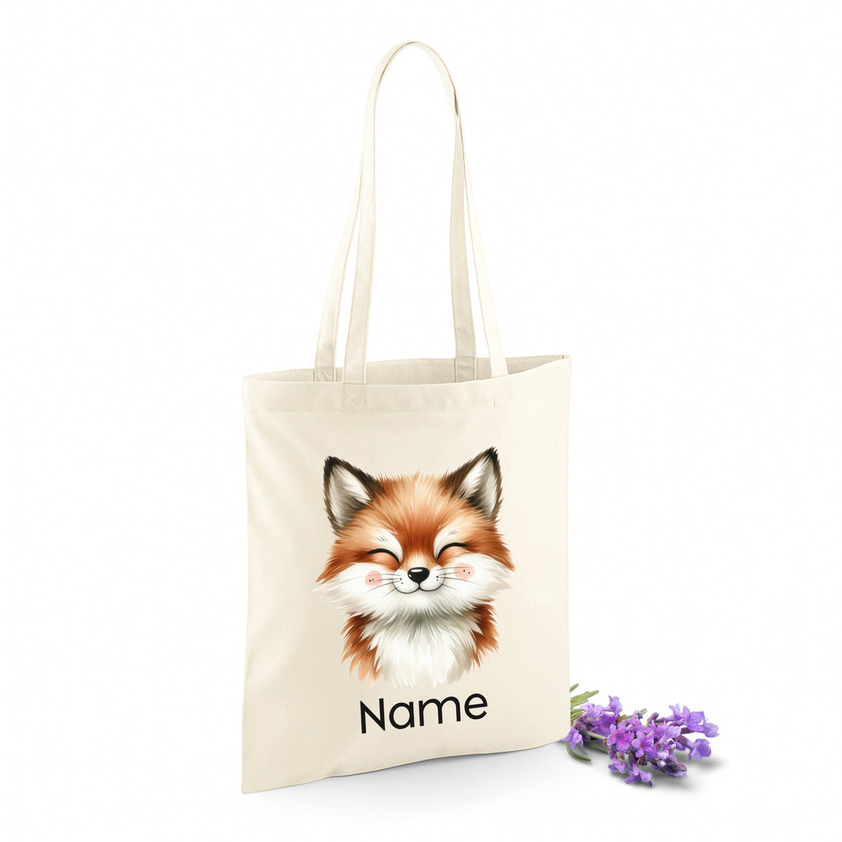 Beige Stofftasche mit Fuchs-Motiv und personalisiertem Namen.