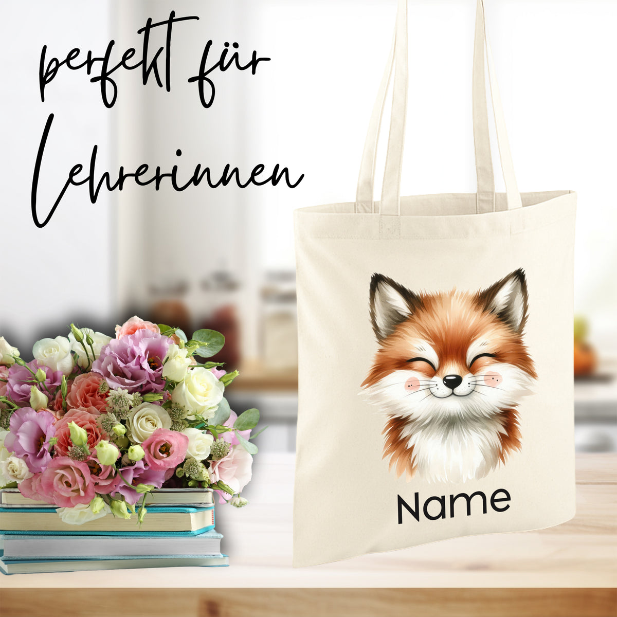 Beige Tragetasche mit Fuchs-Motiv und Platz für Namen.