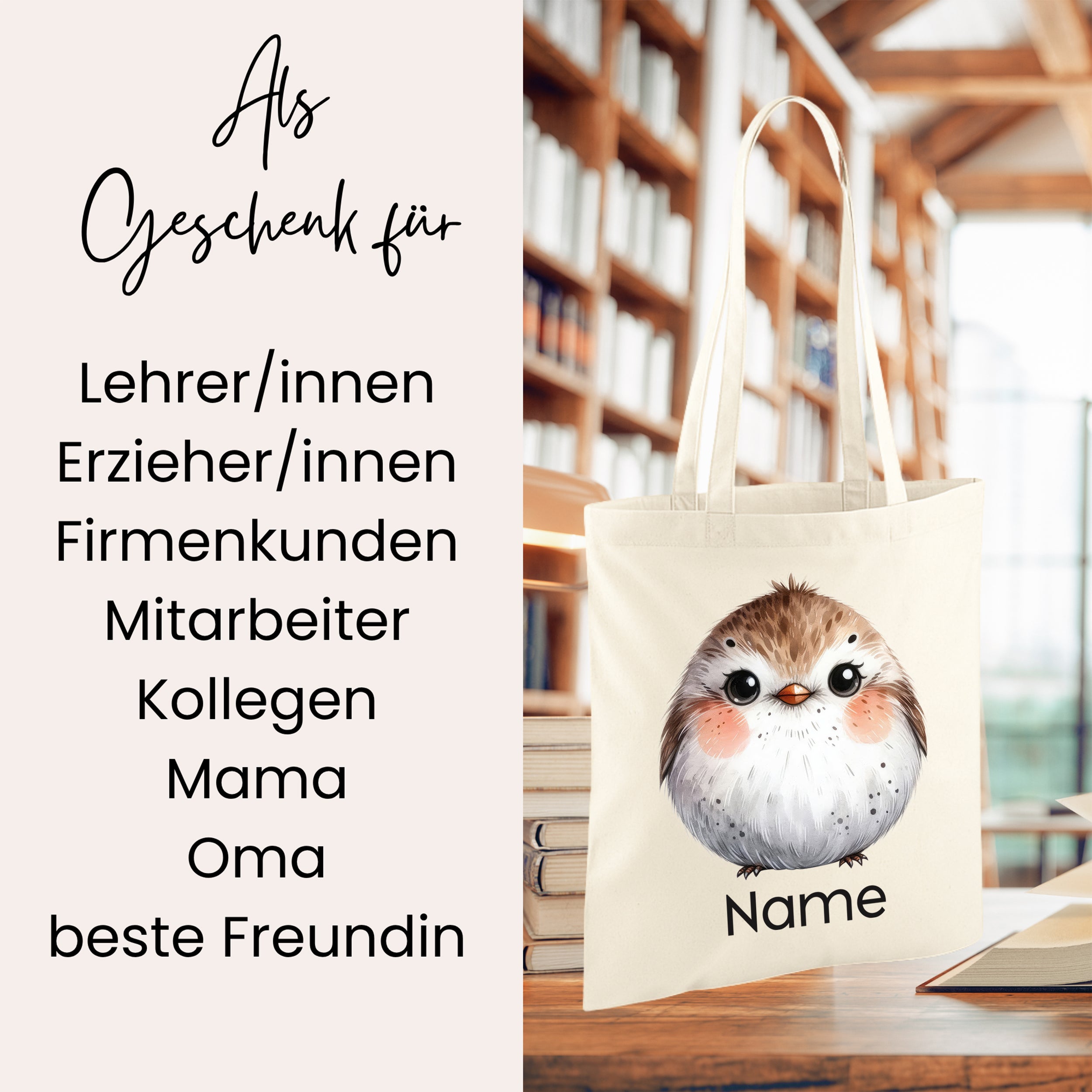 Beige Stofftasche mit Vogelmotiv und personalisierbarem Namen.