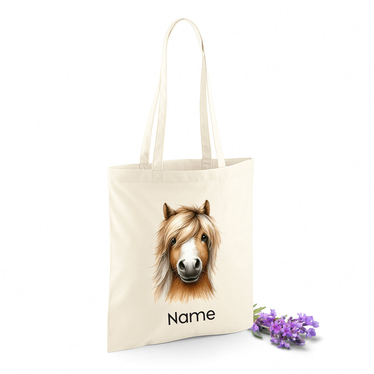 Beige Tasche mit Pferdemotiv und personalisierbarem Namen.