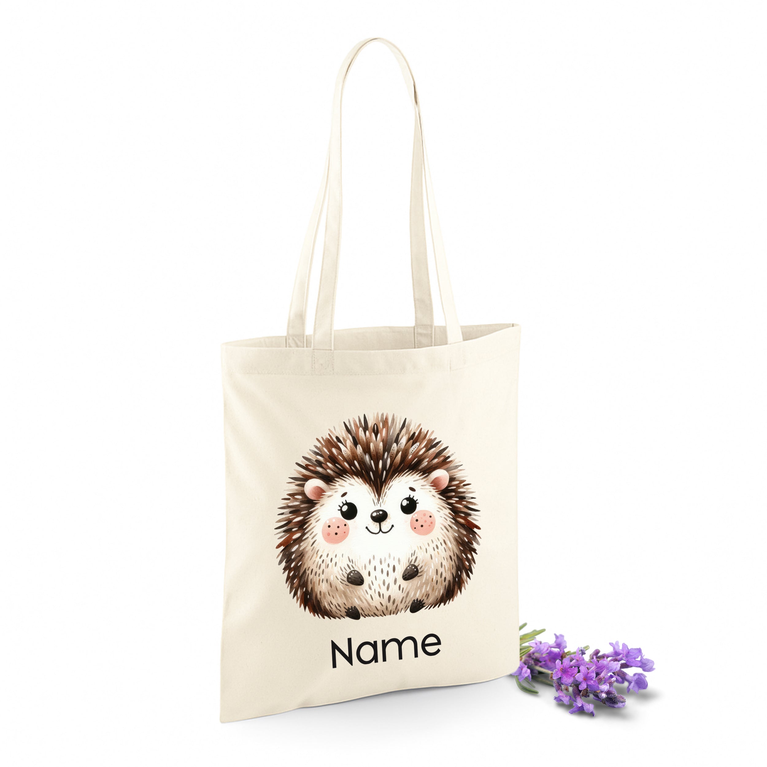 Beige Stofftasche mit niedlichem Igel-Motiv und personalisierbarem Namen.