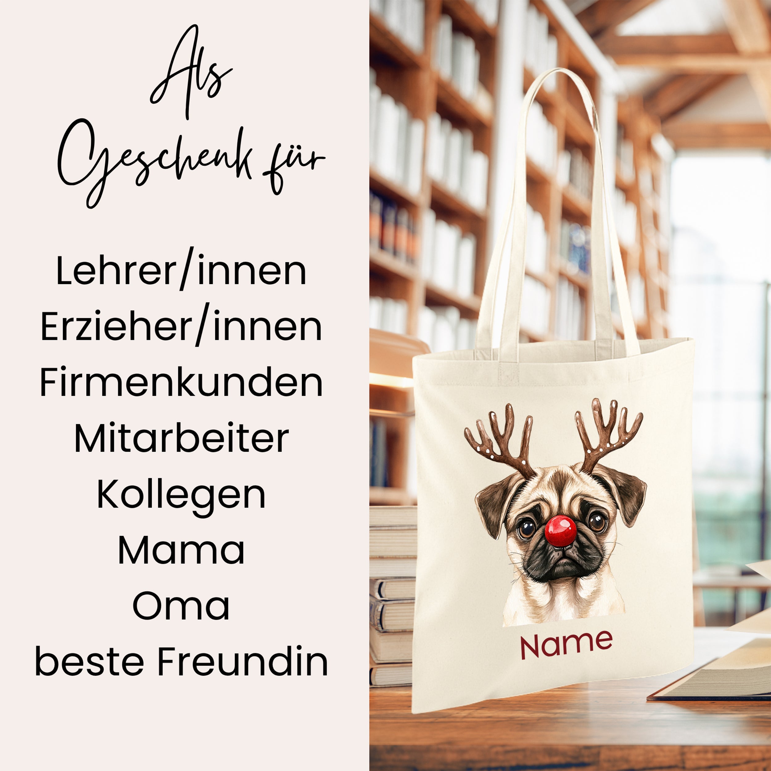 Beige Tragetasche mit Hund und Weihnachtsgeweih.