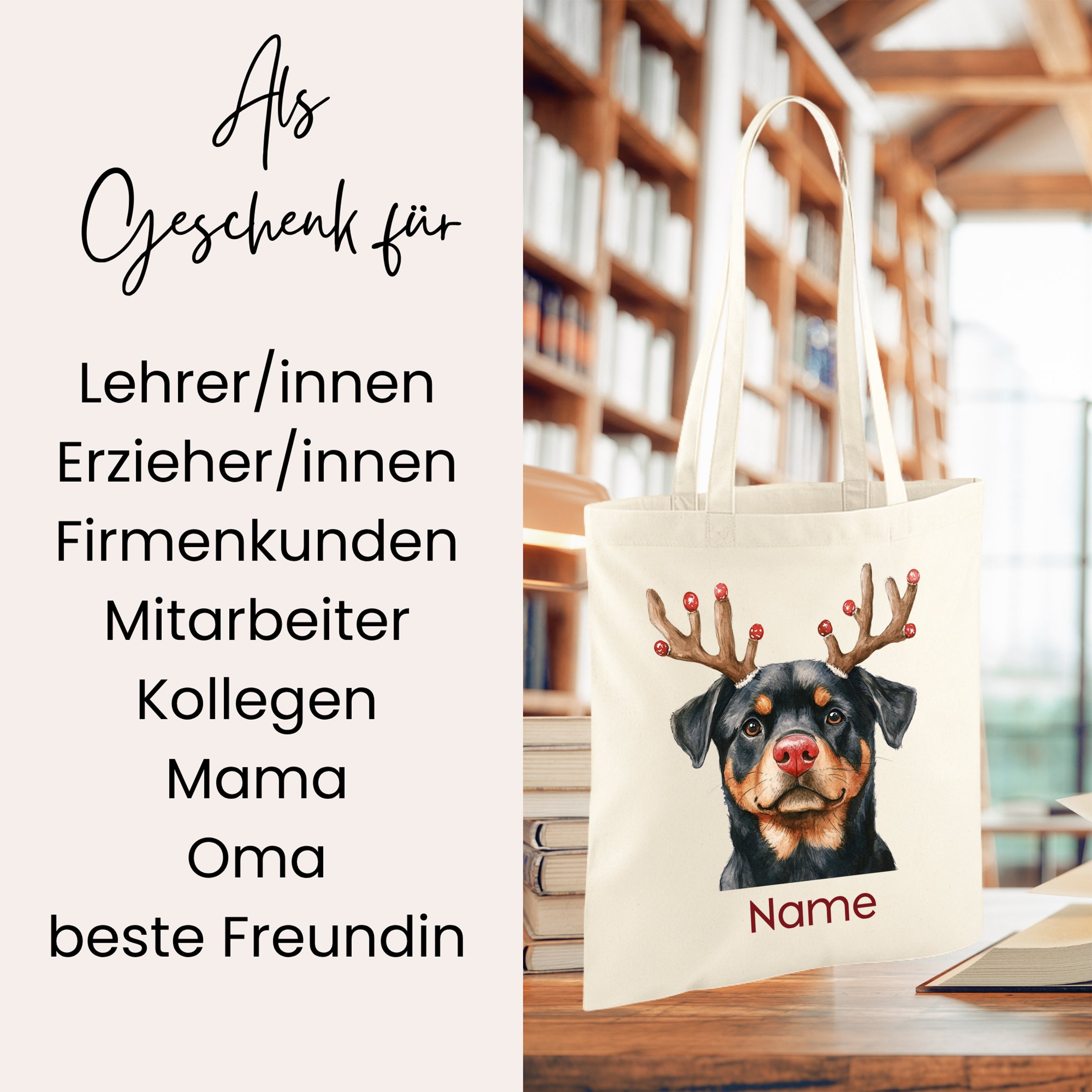 Beige Tragetasche mit Rottweiler und Weihnachtsgeweih.