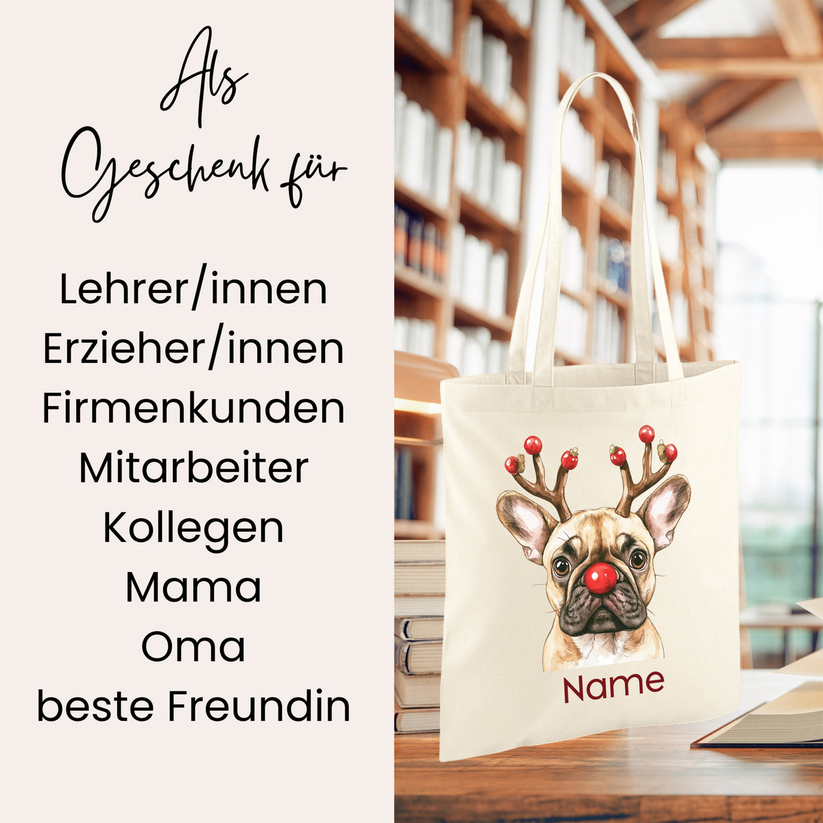 Beige Tragetasche mit Hund und Weihnachtsmütze.