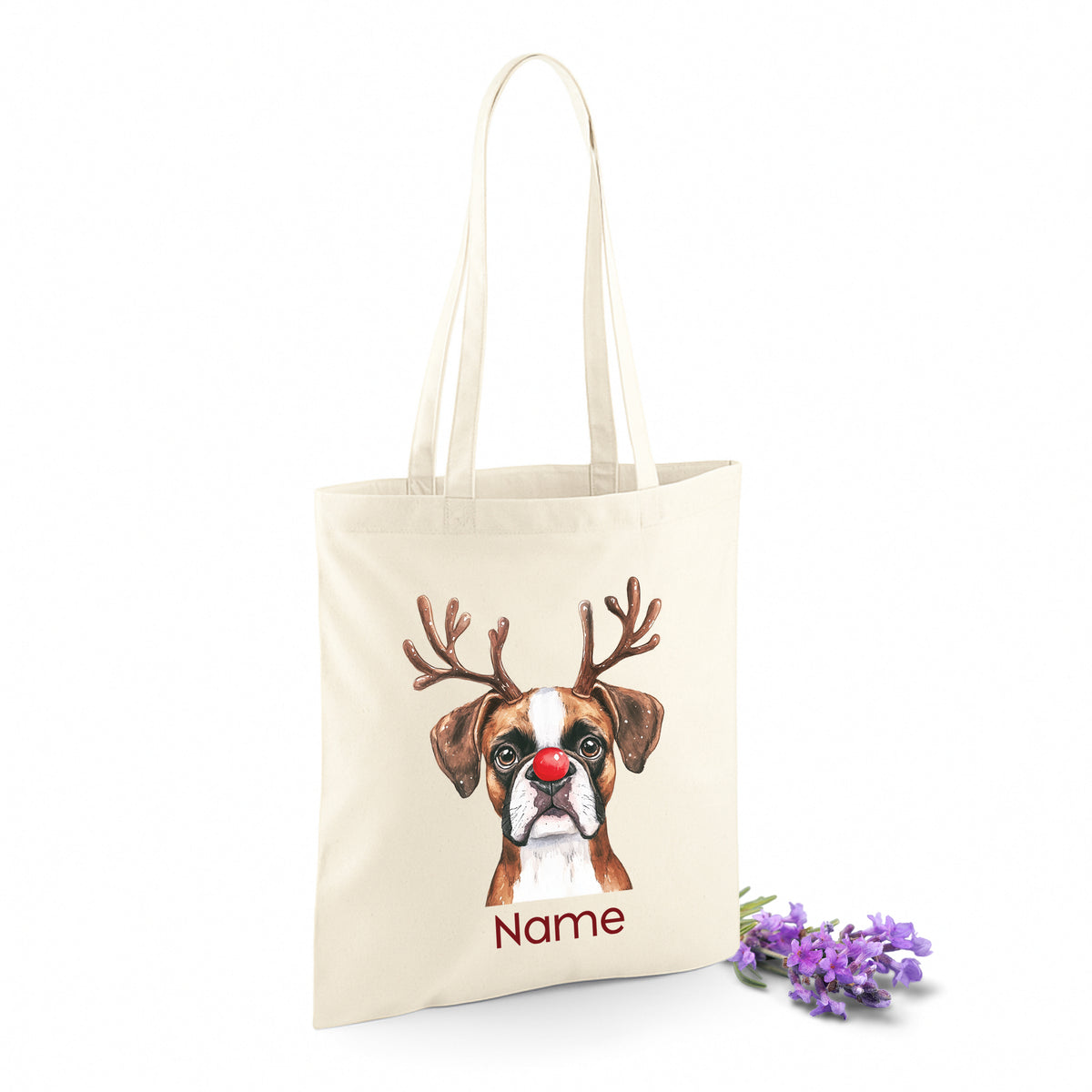Beige Tasche mit Hundemotiv und personalisierbarem Namen.