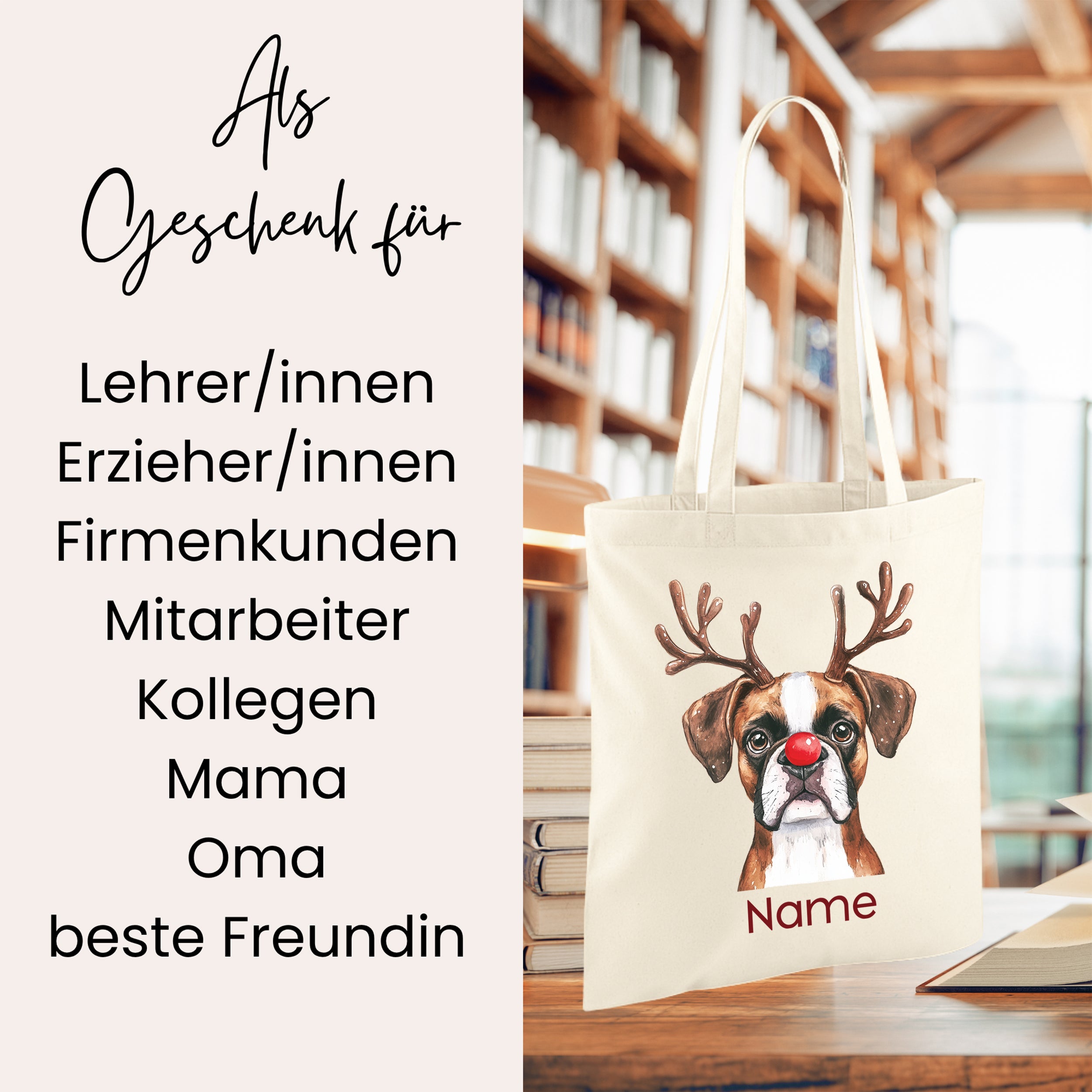 Beige Tragetasche mit Hundemotiv und personalisierbarem Namen.