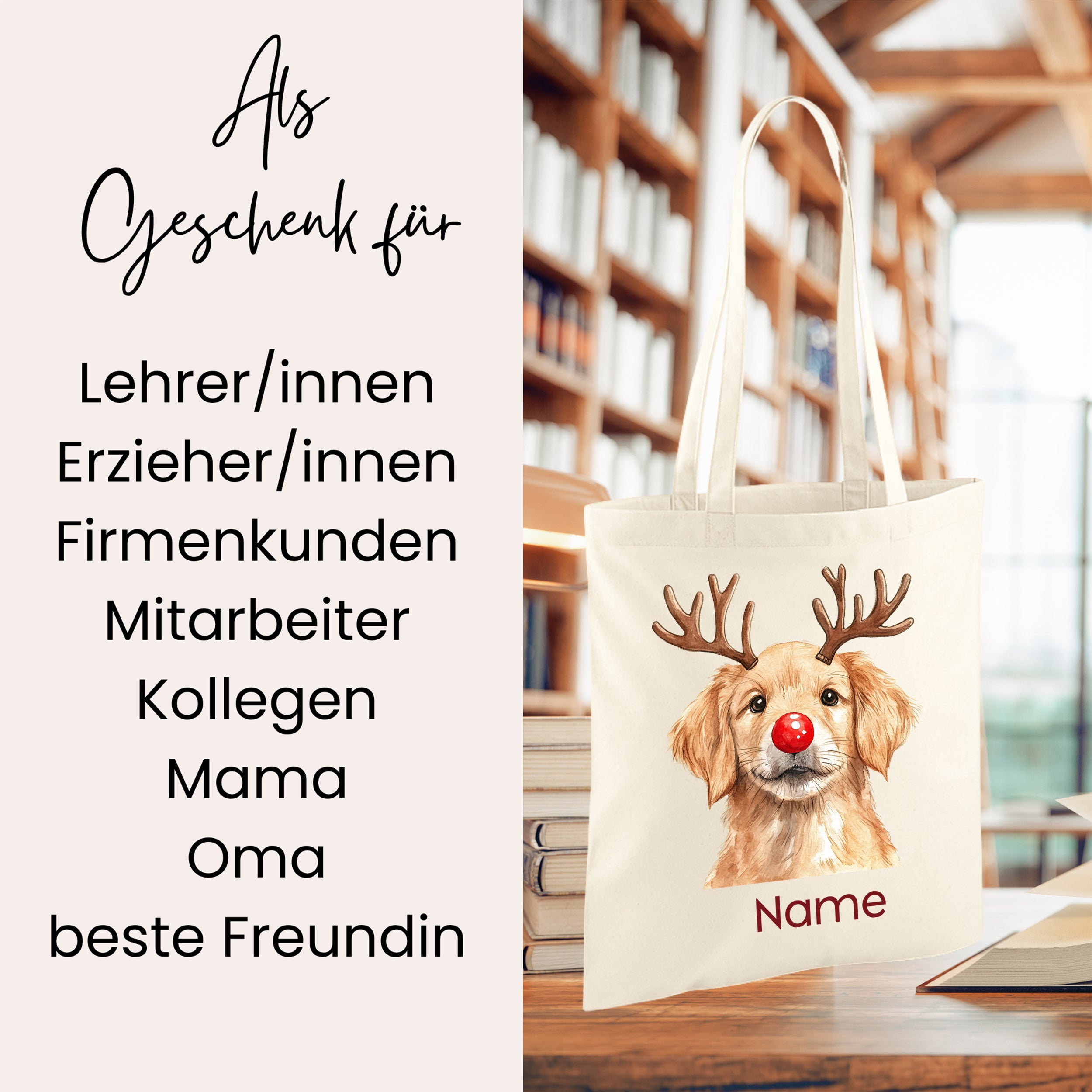 Beige Baumwolltasche mit Hund, Weihnachtsmotiv und Namen.