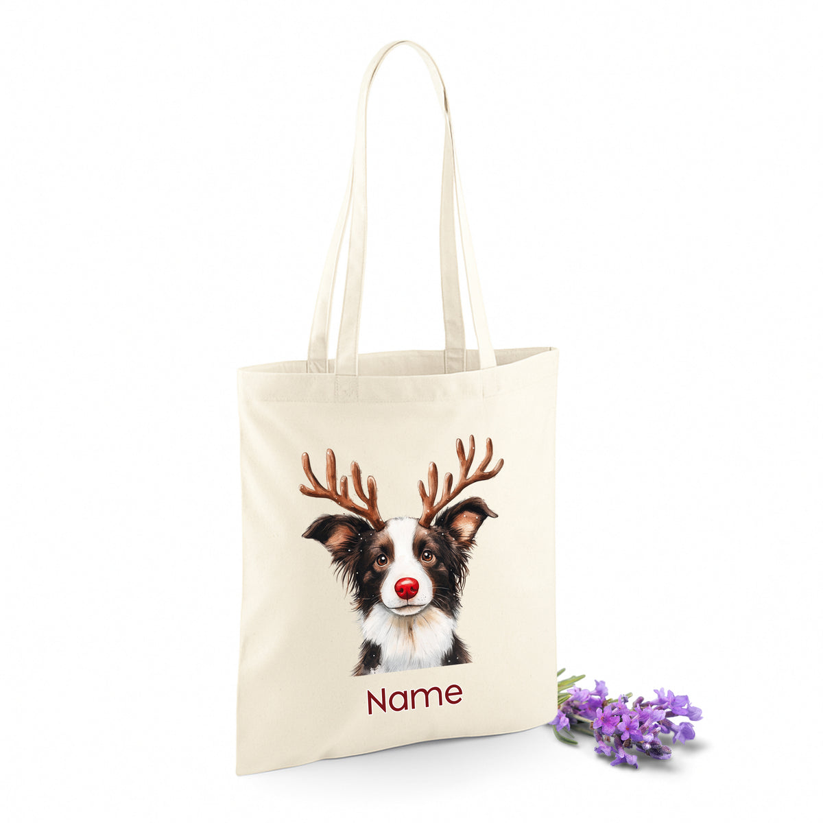 Beige Tragetasche mit Hundemotiv und personalisierbarem Namen.