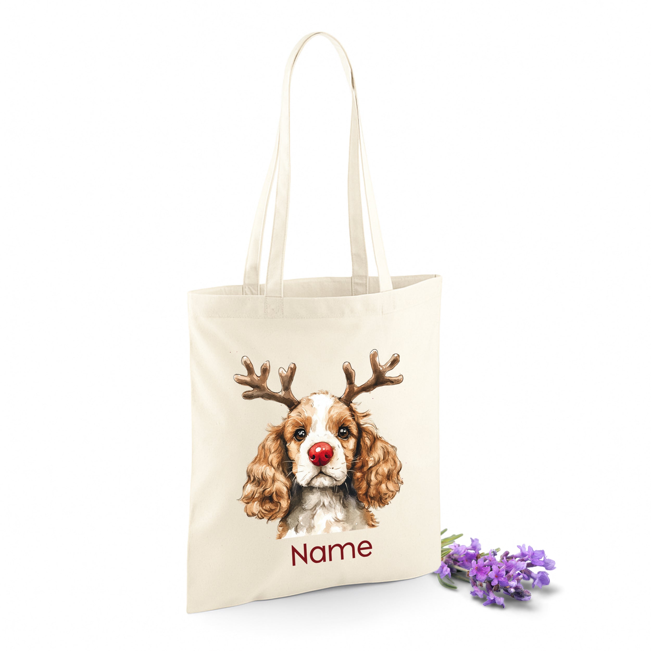 Beige Tragetasche mit Hundemotiv und personalisierbarem Namen.