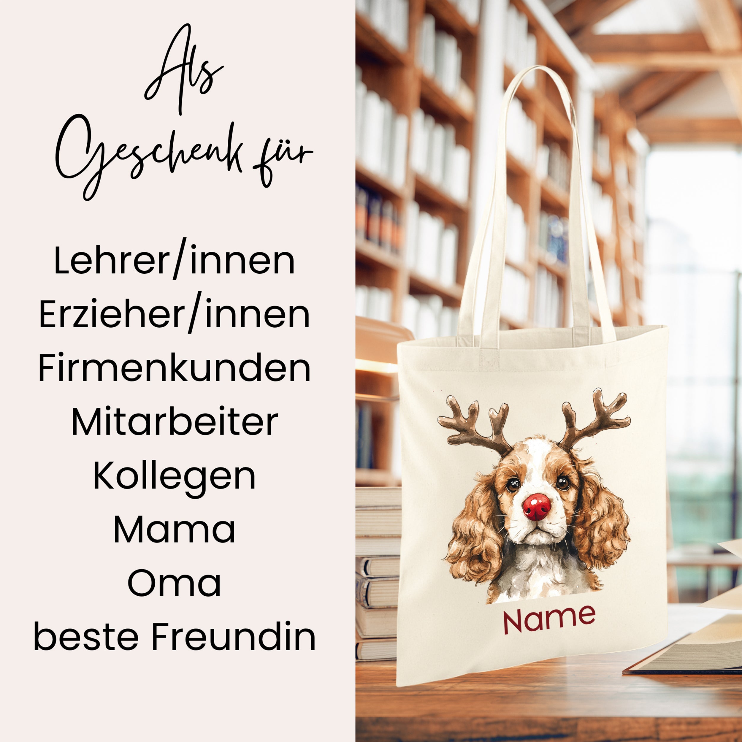Beige Stofftasche mit Hundemotiv und personalisierbarem Namen.