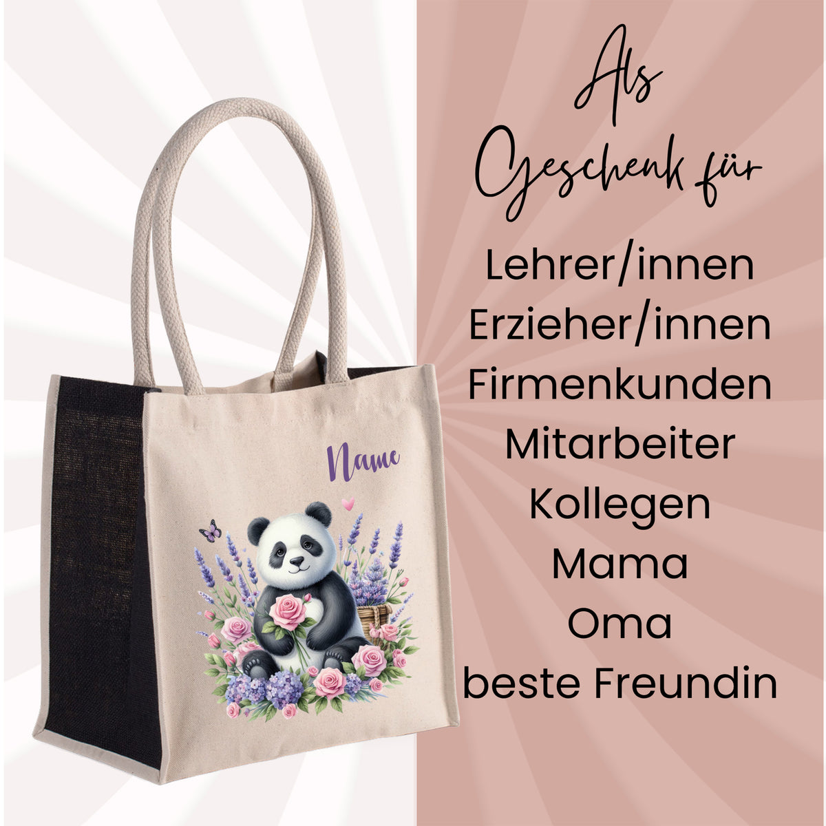 Beige Tragetasche mit Panda-Motiv und Blumen.