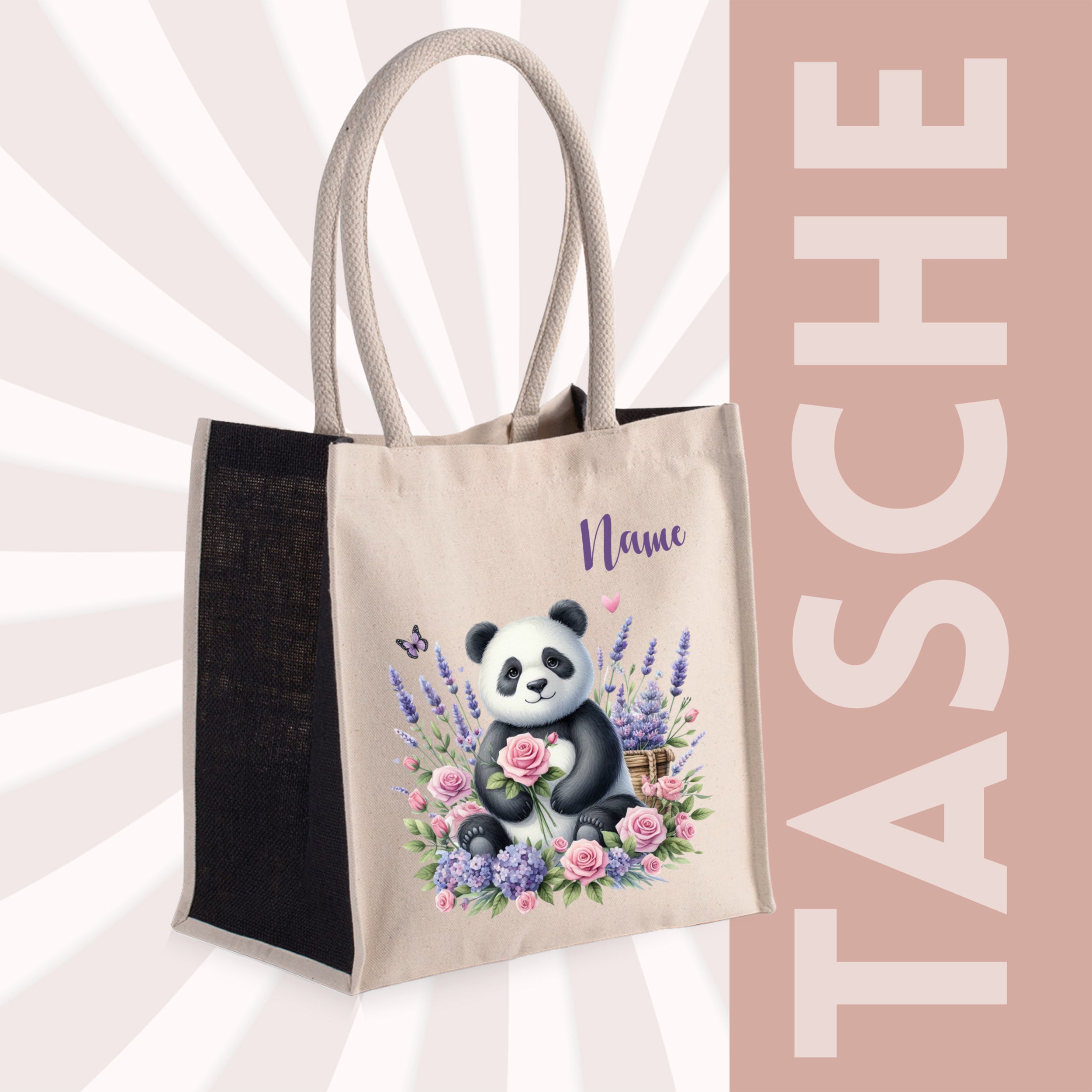 Beige Tasche mit Panda-Motiv und Blumenverzierung.