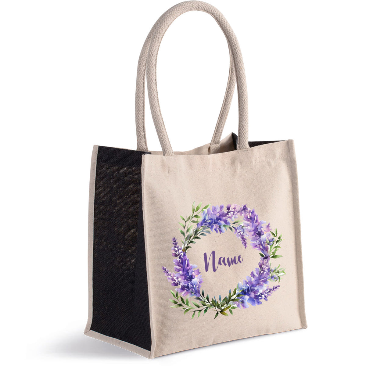 Beige Tragetasche mit lila Blumenkranz und Namen.