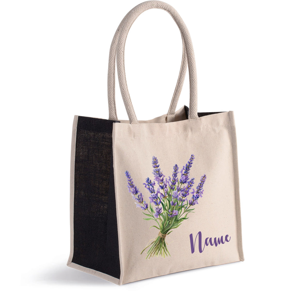 Beige Tasche mit Lavendelmotiv und schwarzem Boden.