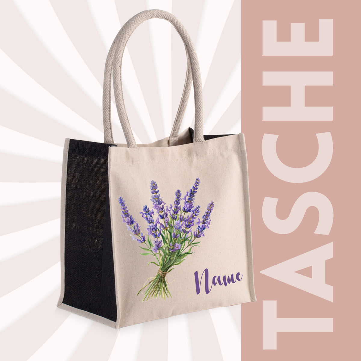 Beige Tasche mit lila Lavendel und personalisierbarem Namen.
