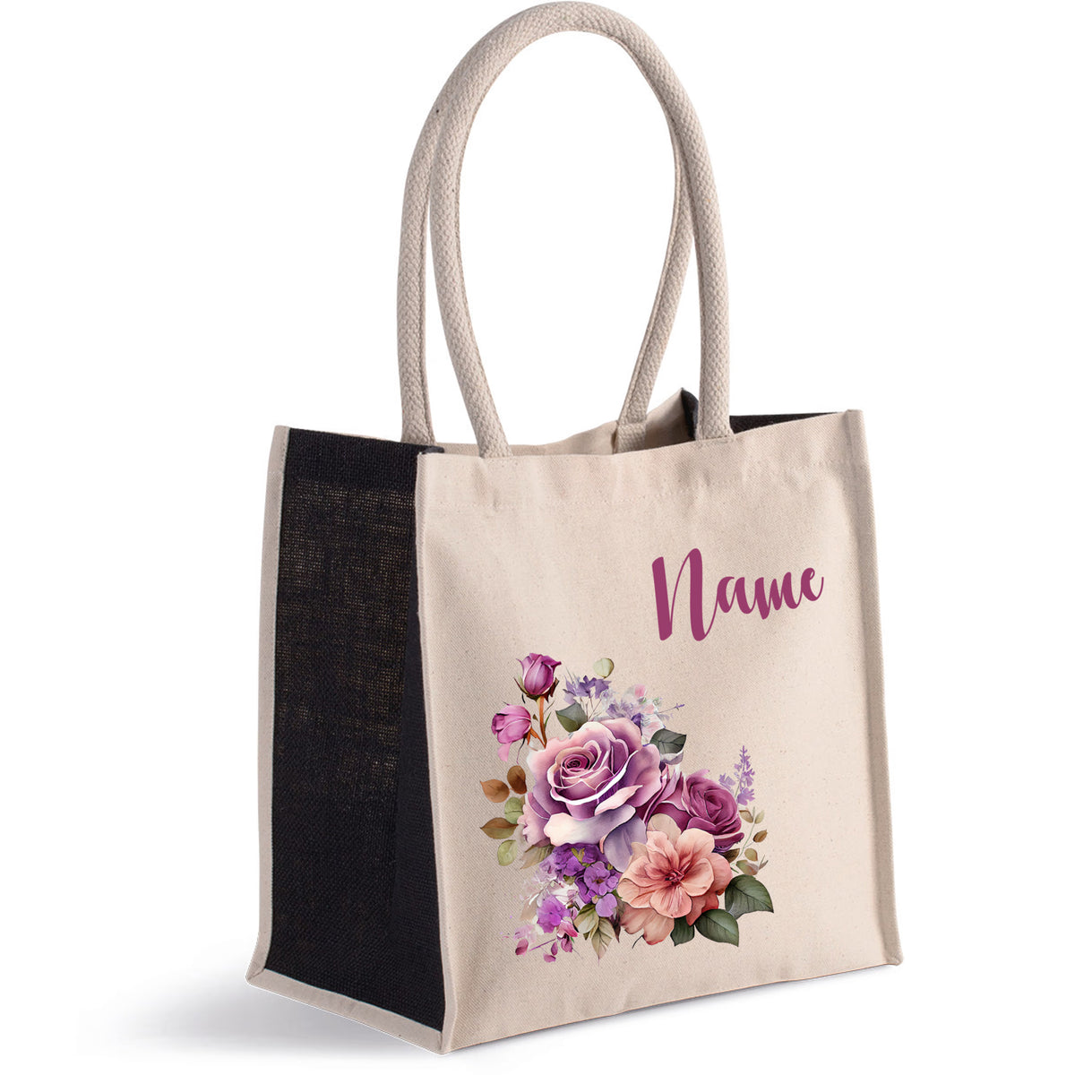 Beige Tasche mit floralem Design und personalisiertem Namen.