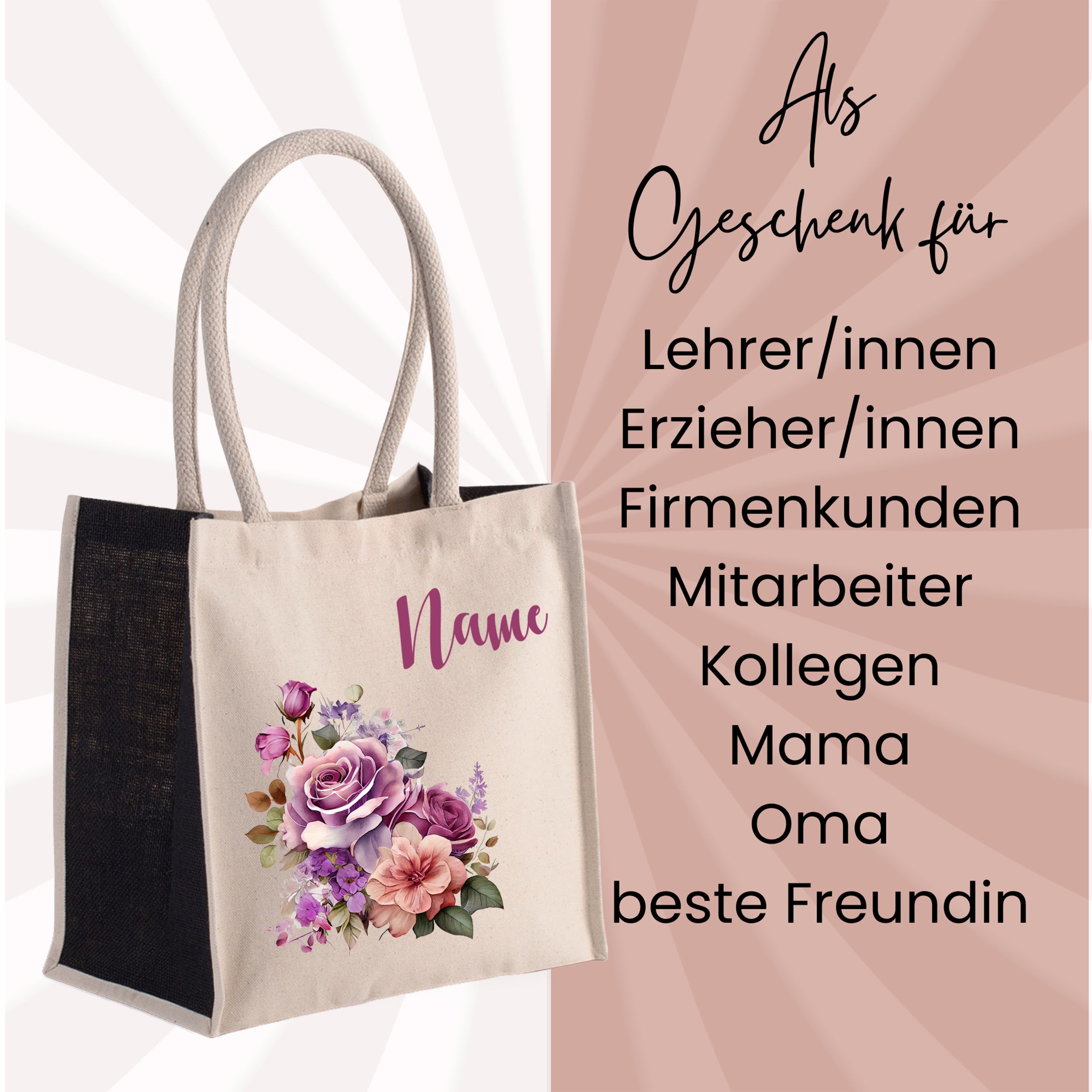 Beige Stofftasche mit Blumenmotiv und personalisierbarem Namen.